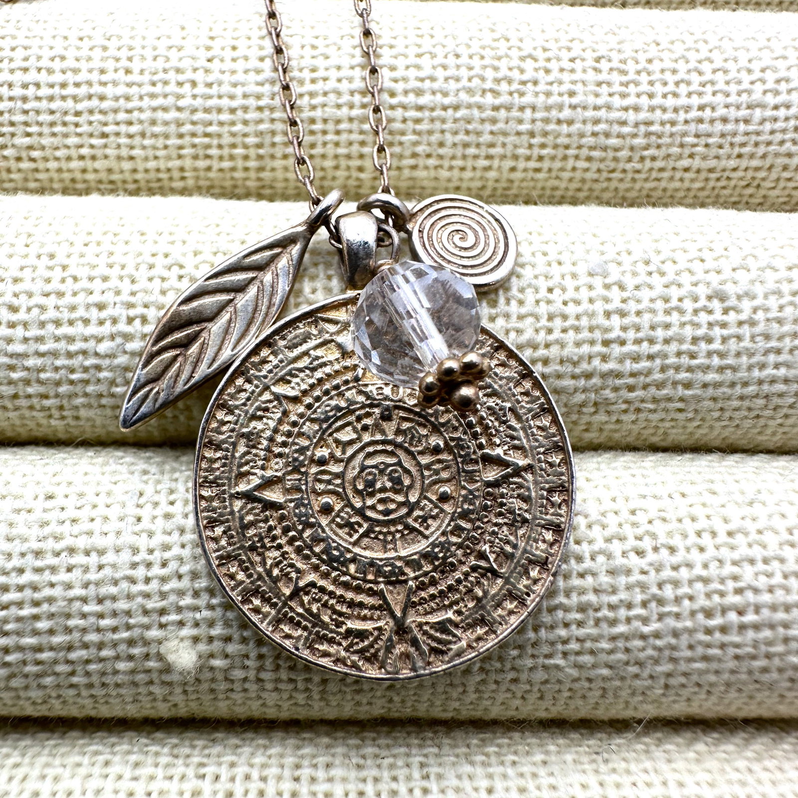 Gold Plated Sterling Silver Charm Necklace Aztec Calendar Leaf Crystal 18 Inch Chain (1 of 2)