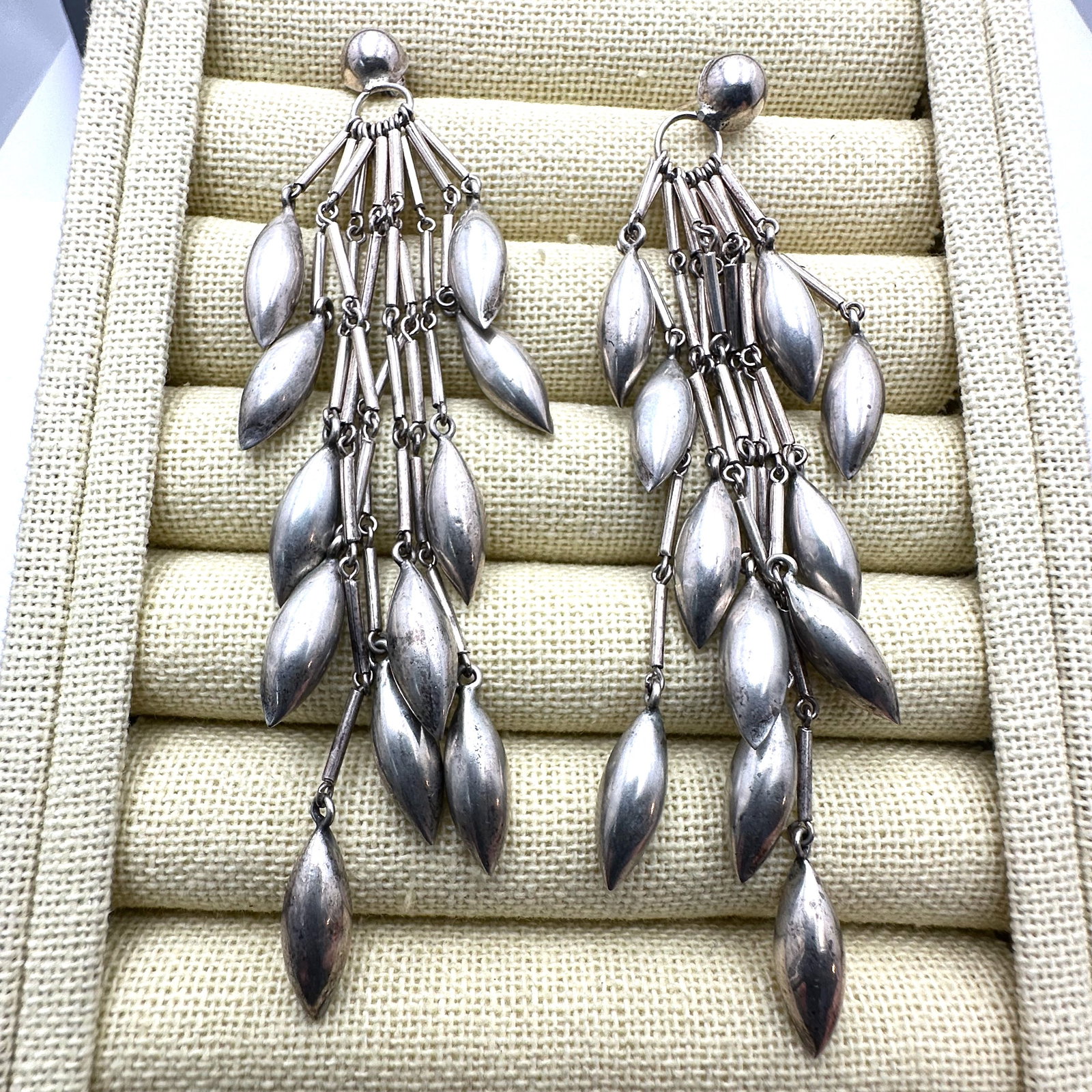 Sterling Silver Teardrop Chandelier Pierced Earrings 3.5 Inch Length Weight 26 Grams (1 of 2)