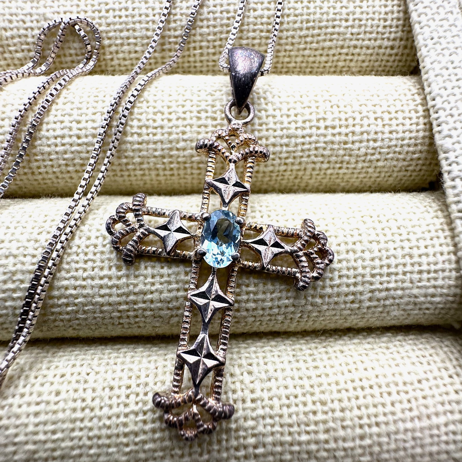 Blue Topaz Sterling Silver Cross Pendant Necklace 17 Inch Chain: Blue Topaz Sterling Silver Cross Pendant Necklace 17 Inch Chain