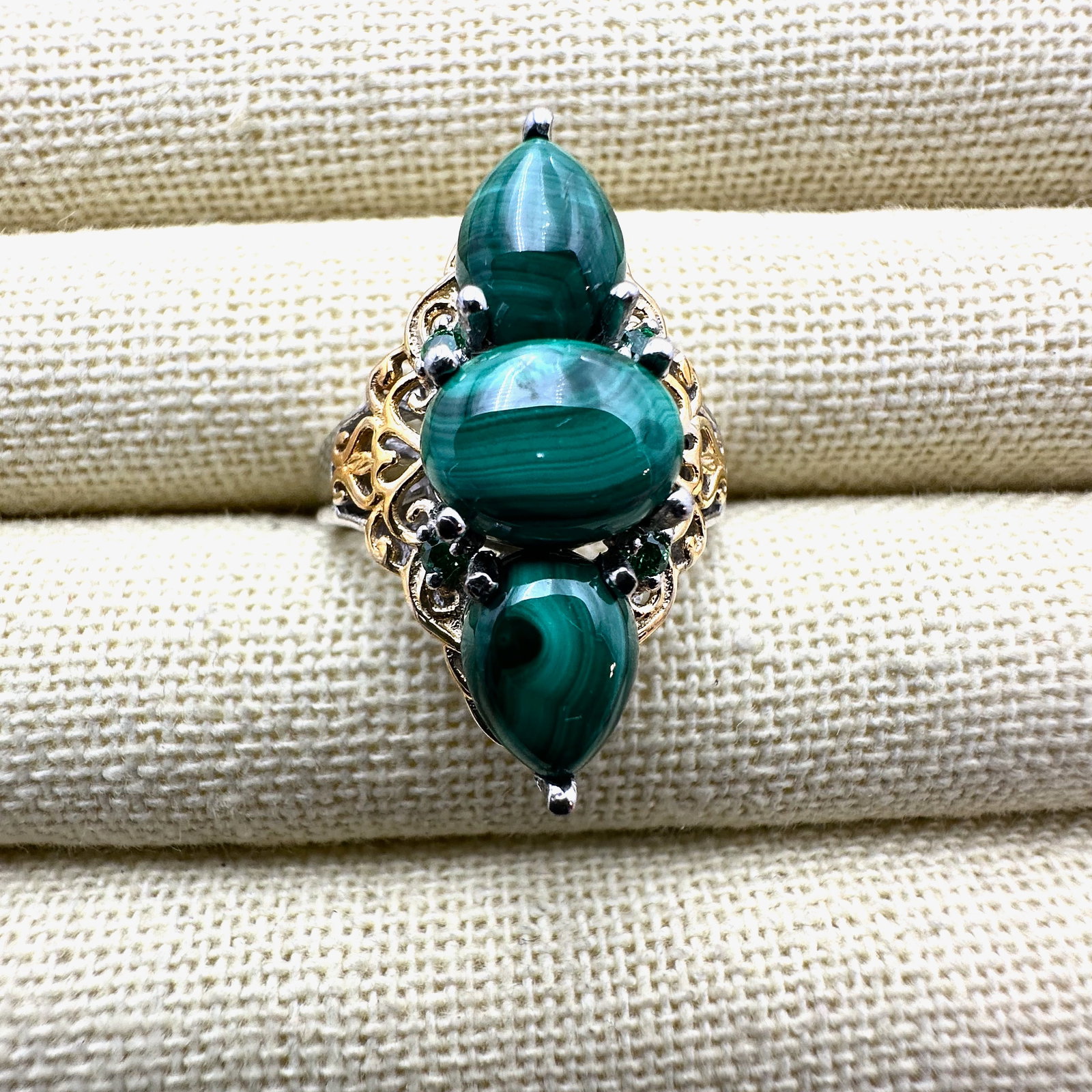 Chuck Clemency Green Malachite Gemstone Gold Accented Sterling Silver Ring Size 8 Pristine Condition (1 of 2)