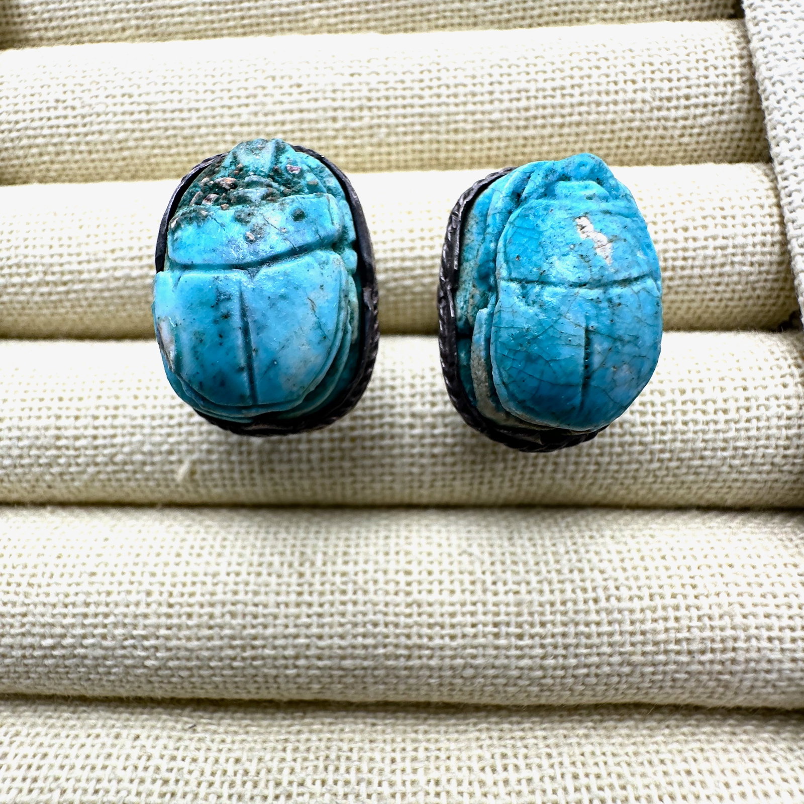Vintage Blue Faience Scarab Sterling Silver Cuff Links (1 of 2)