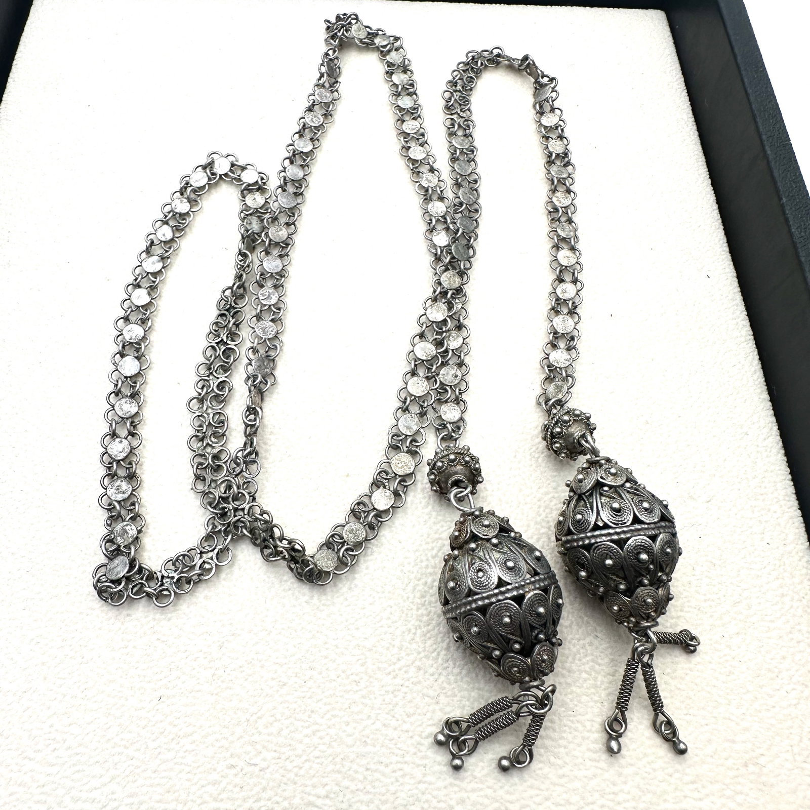 Antique Middle Eastern Sterling Silver Filigree Lariat Necklace 32 Inch Length Weight 44 Grams (1 of 2)