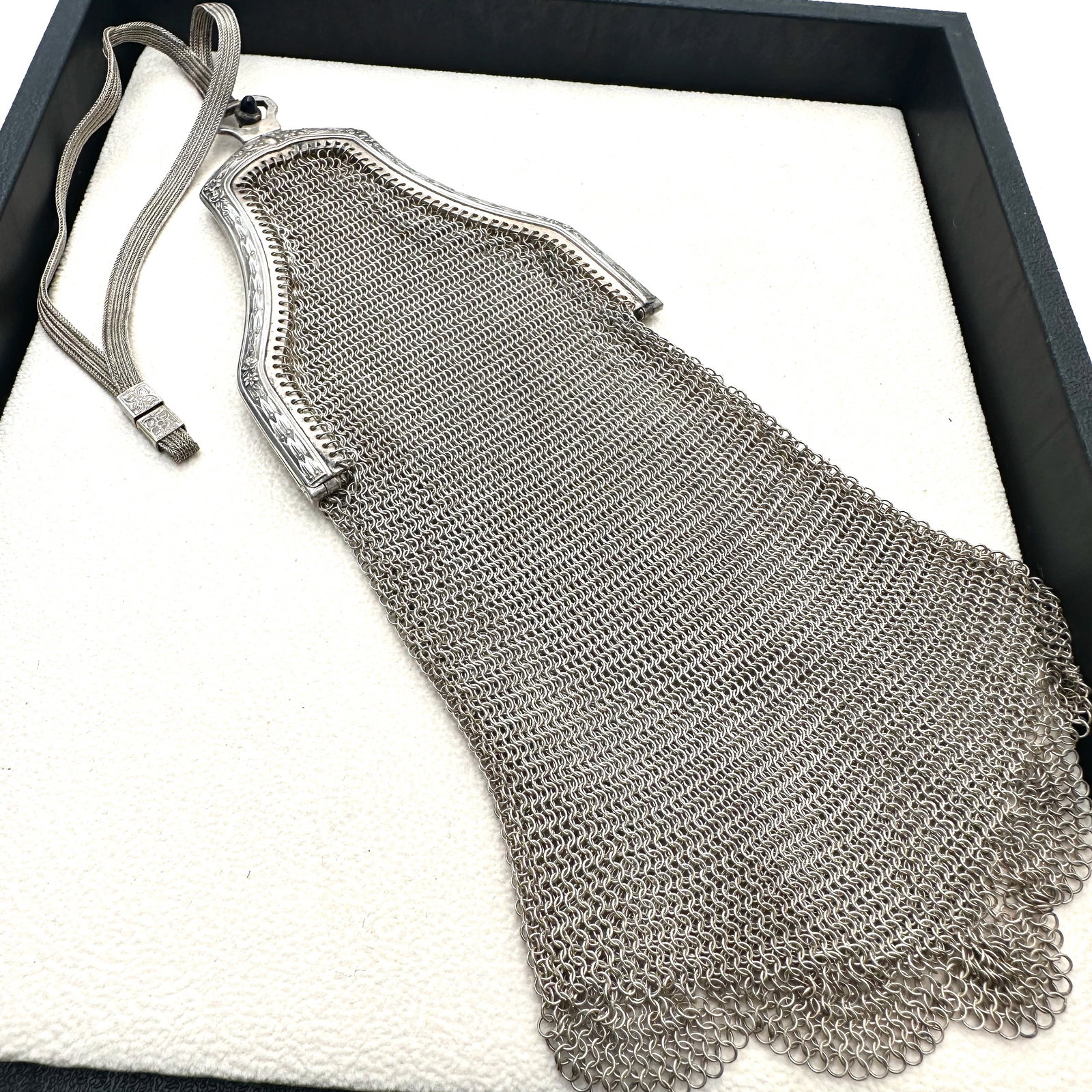 Antique European Sterling Silver Mesh Purse 8 Inch by 3.5 Inch Blue Bullet Glass Clasp (1 of 4)
