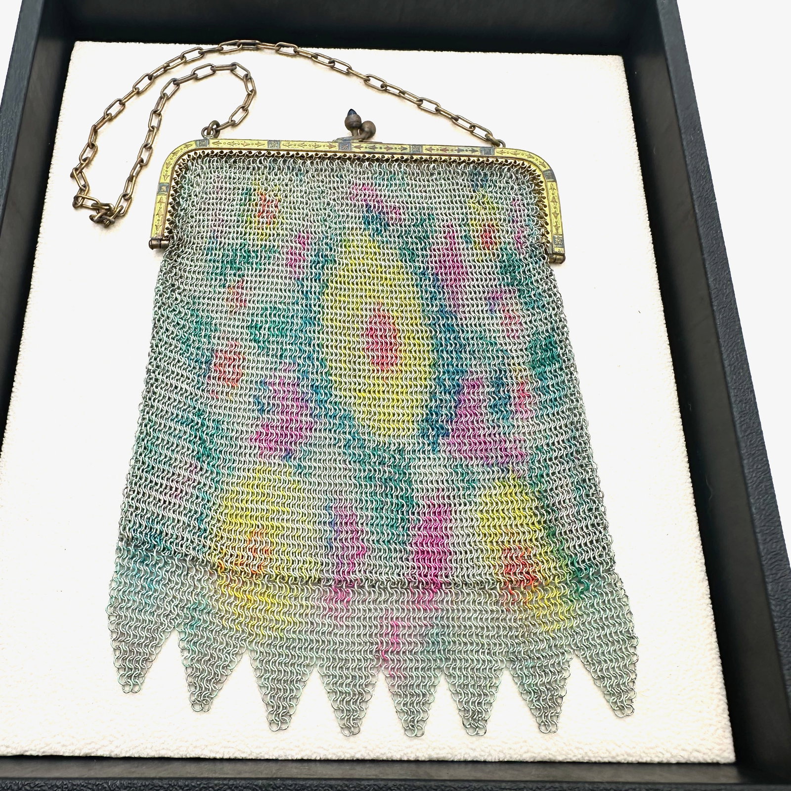 Antique Blue Green Enamel Multicolor Floral Design Mesh Purse Signed Made in Germany 6 Inch by 4.5 (1 of 4)
