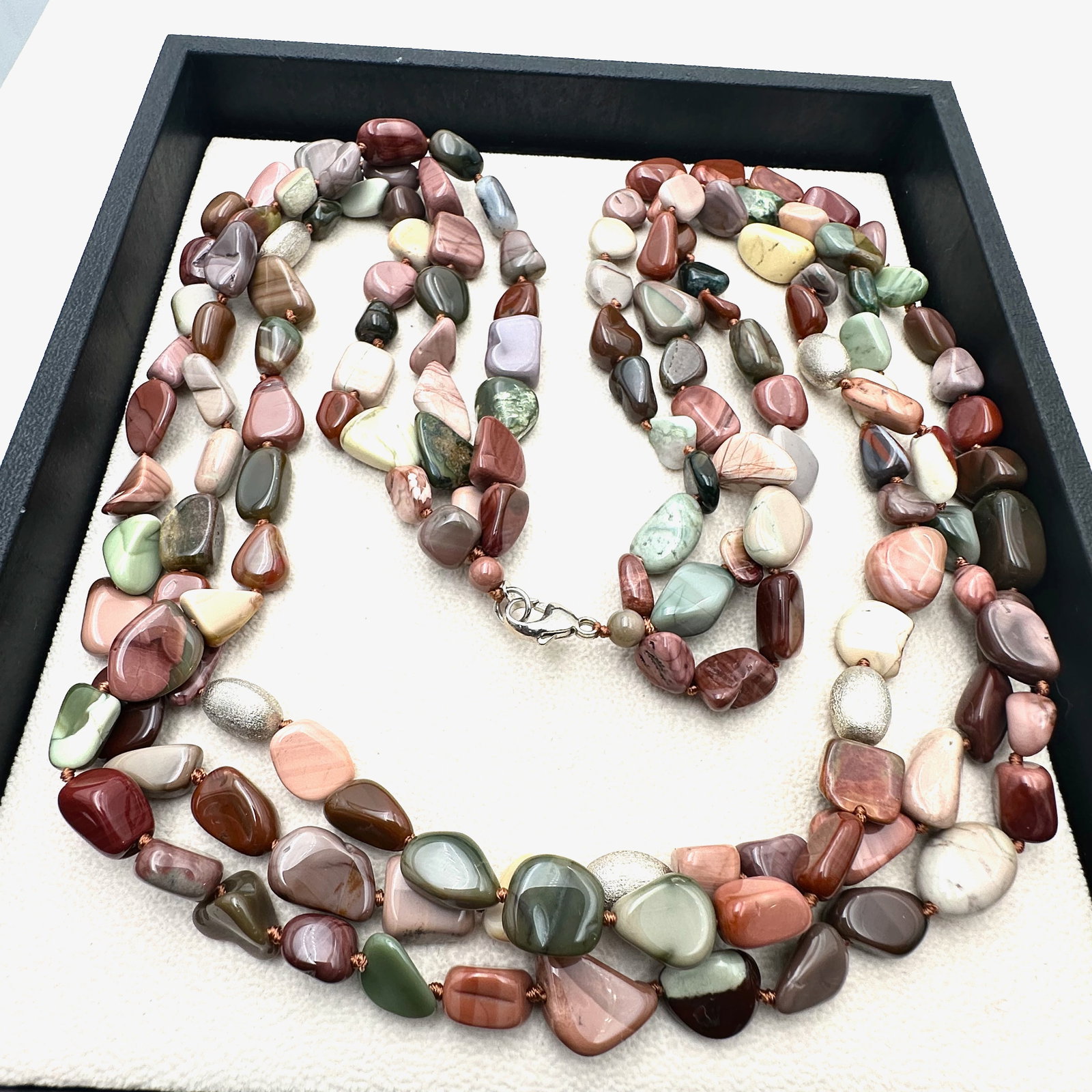 Lucas Lameth Sterling Silver Multi Strand Mookaite Bead Necklace 26 Inch Length Burgundy Pink Beige (1 of 2)
