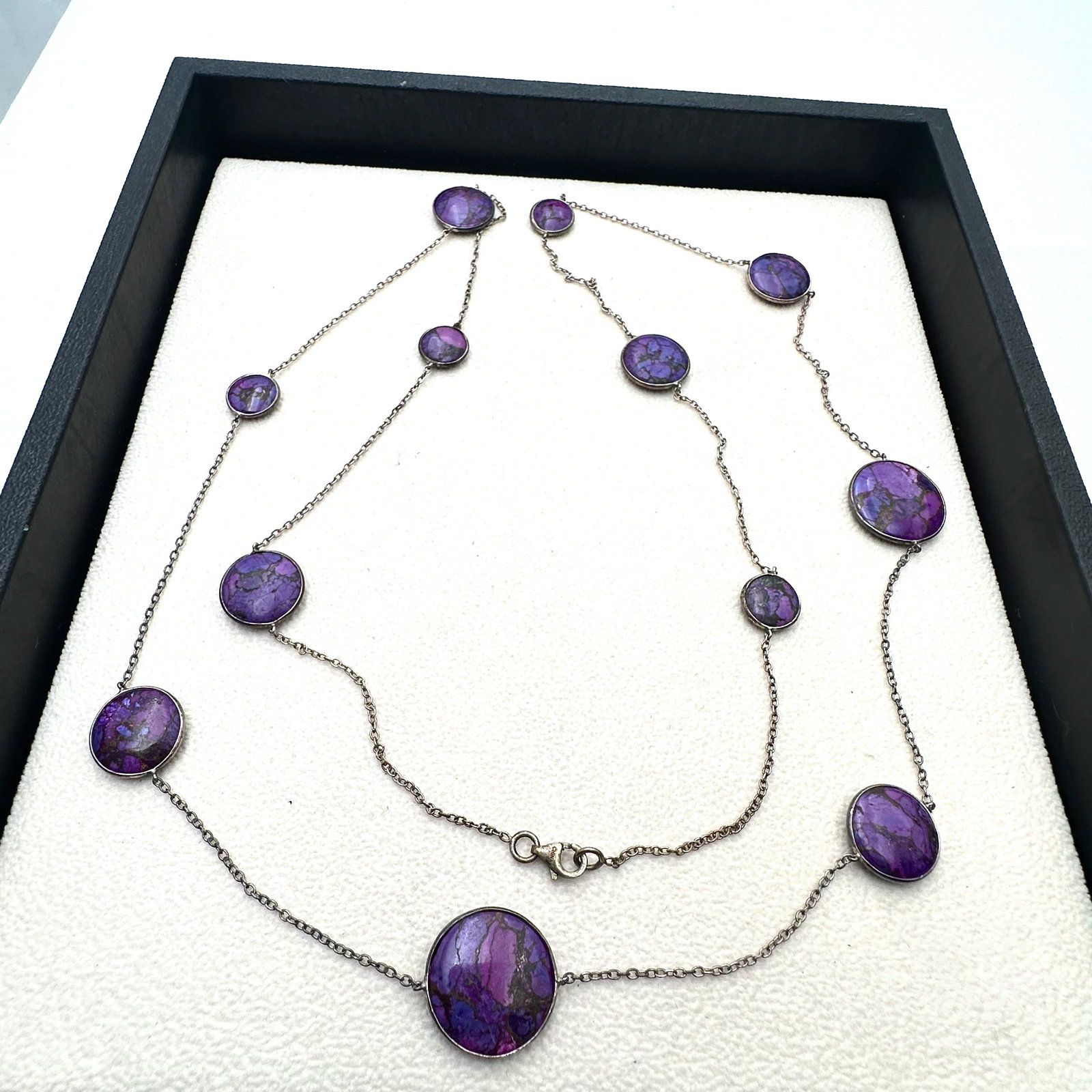 Purple Mohave Turquoise Sterling Silver Station Necklace 32 Inch Length Signed GS 925 (1 of 2)