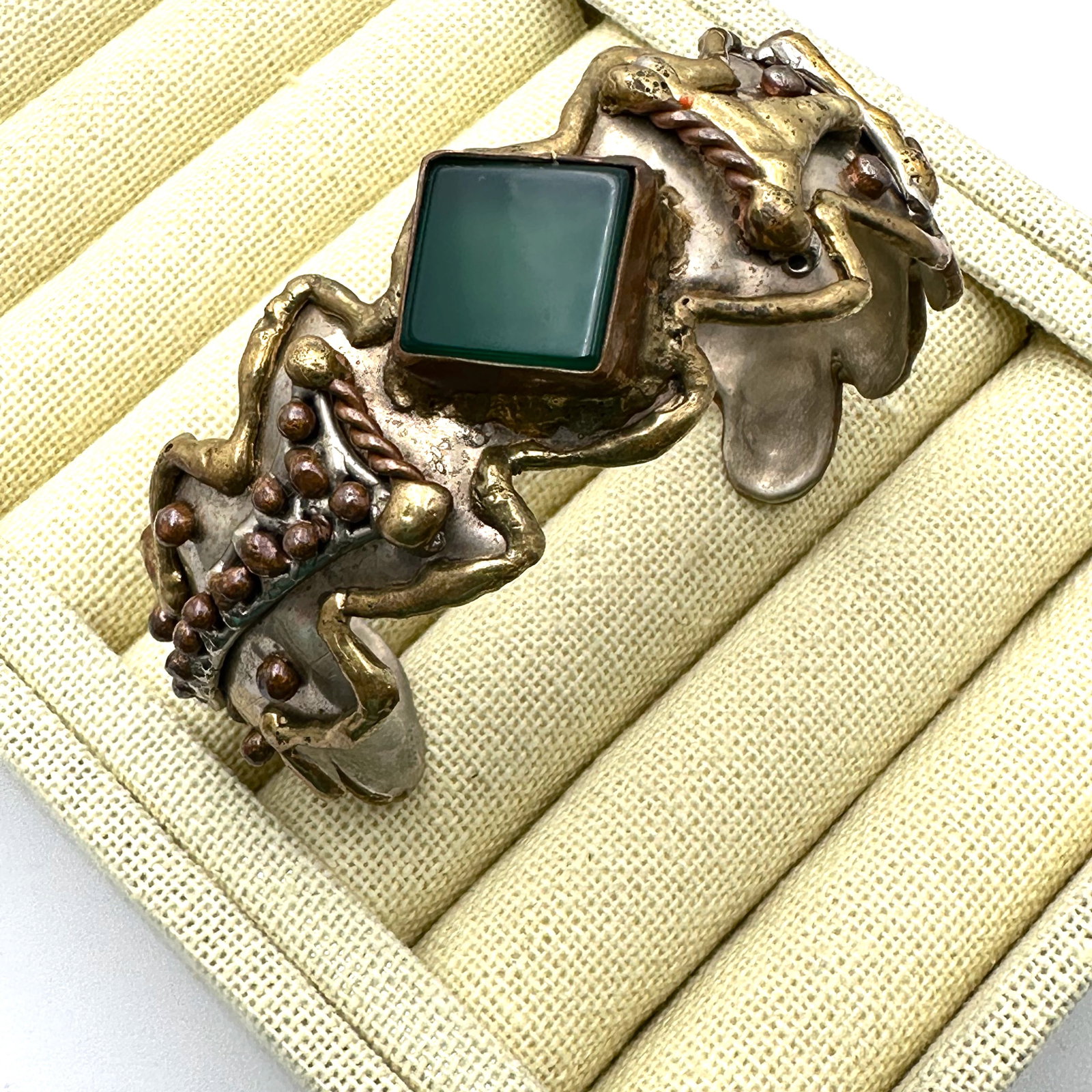 Made in Mexico Mixed Metal Cuff Bracelet 7 Inch Green Gemstone Brass Copper Silver: Made in Mexico Mixed Metal Cuff Bracelet 7 Inch Green Gemstone Brass Copper Silver