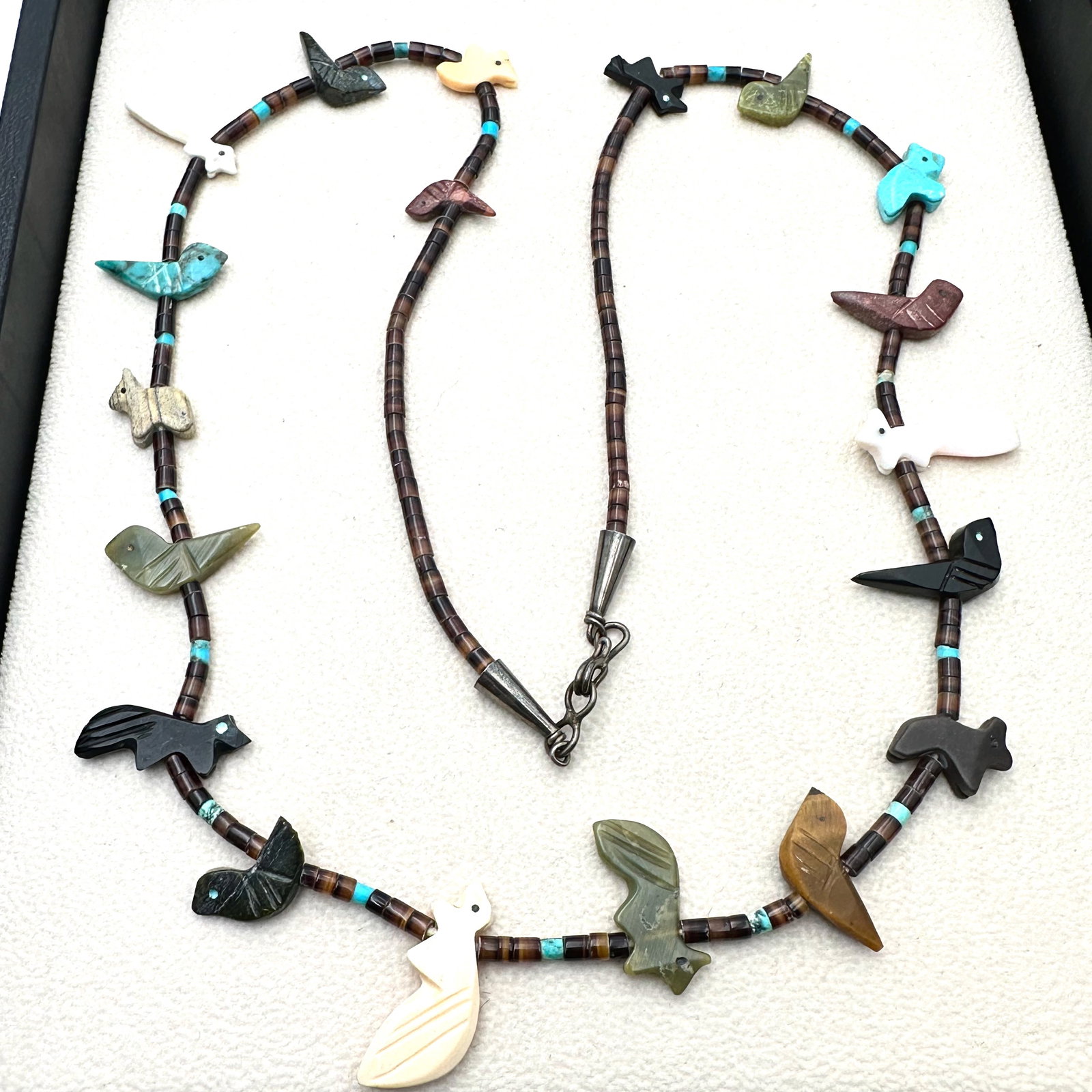 Vintage Native American Multi Gemstone Carved Fetish Animal Bead Necklace Sterling Silver 28 Inch (1 of 2)