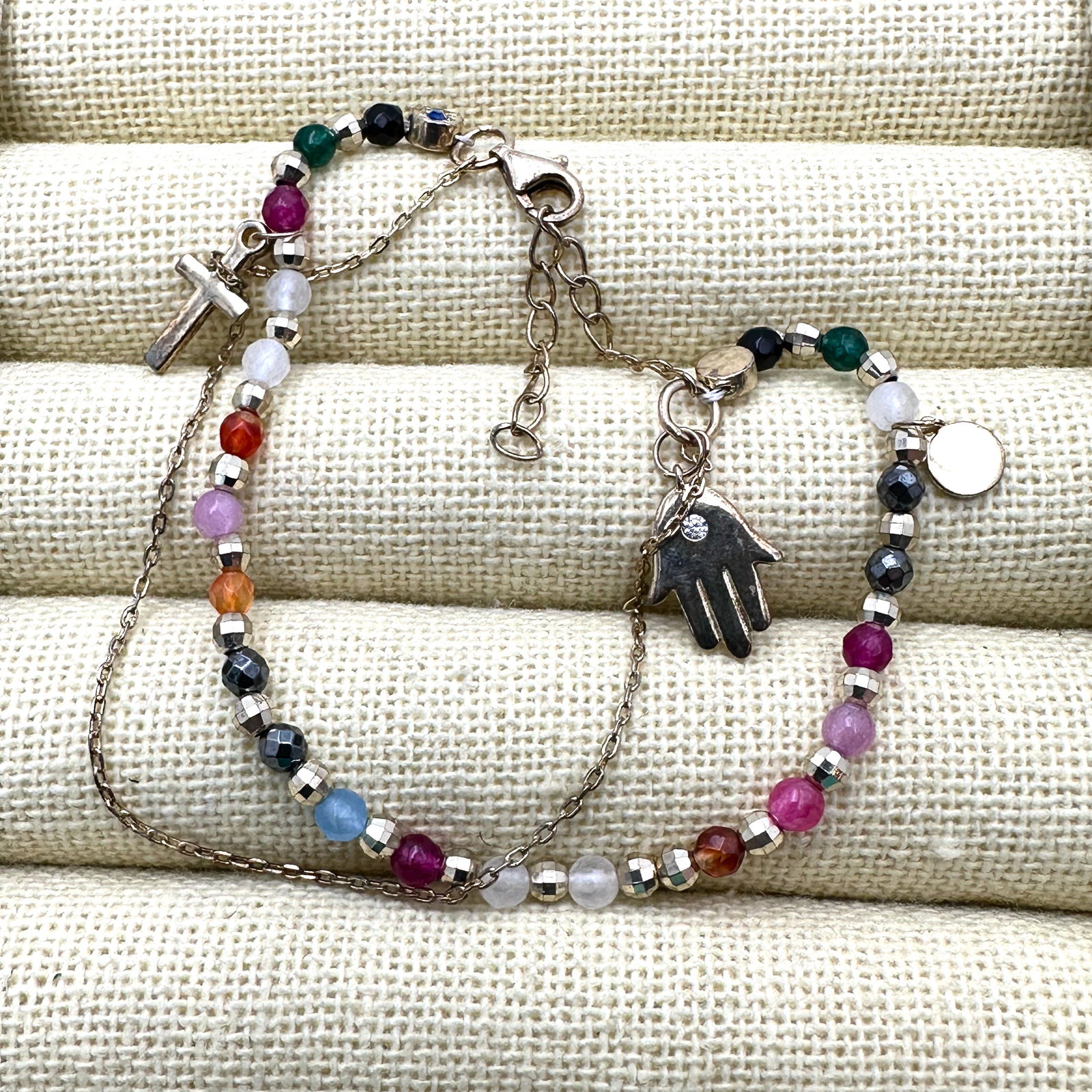 Multi Gemstone Gold Plated Sterling Silver Bracelet Hamsa Hand Cross 7 Inch Length (1 of 2)