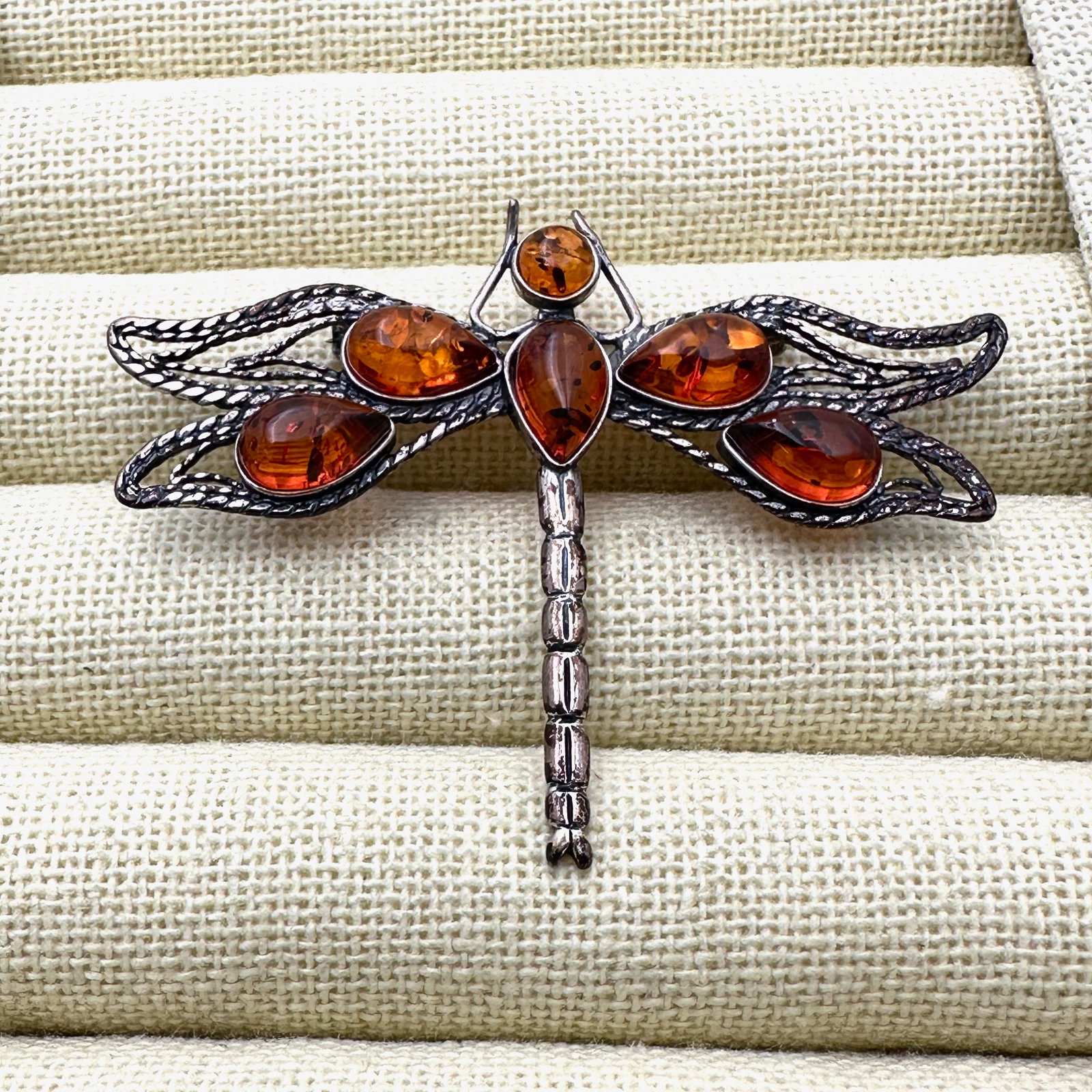 Natural Amber Sterling Silver Dragon Fly Bug Design Brooch Pin 2.5 Inch (1 of 2)