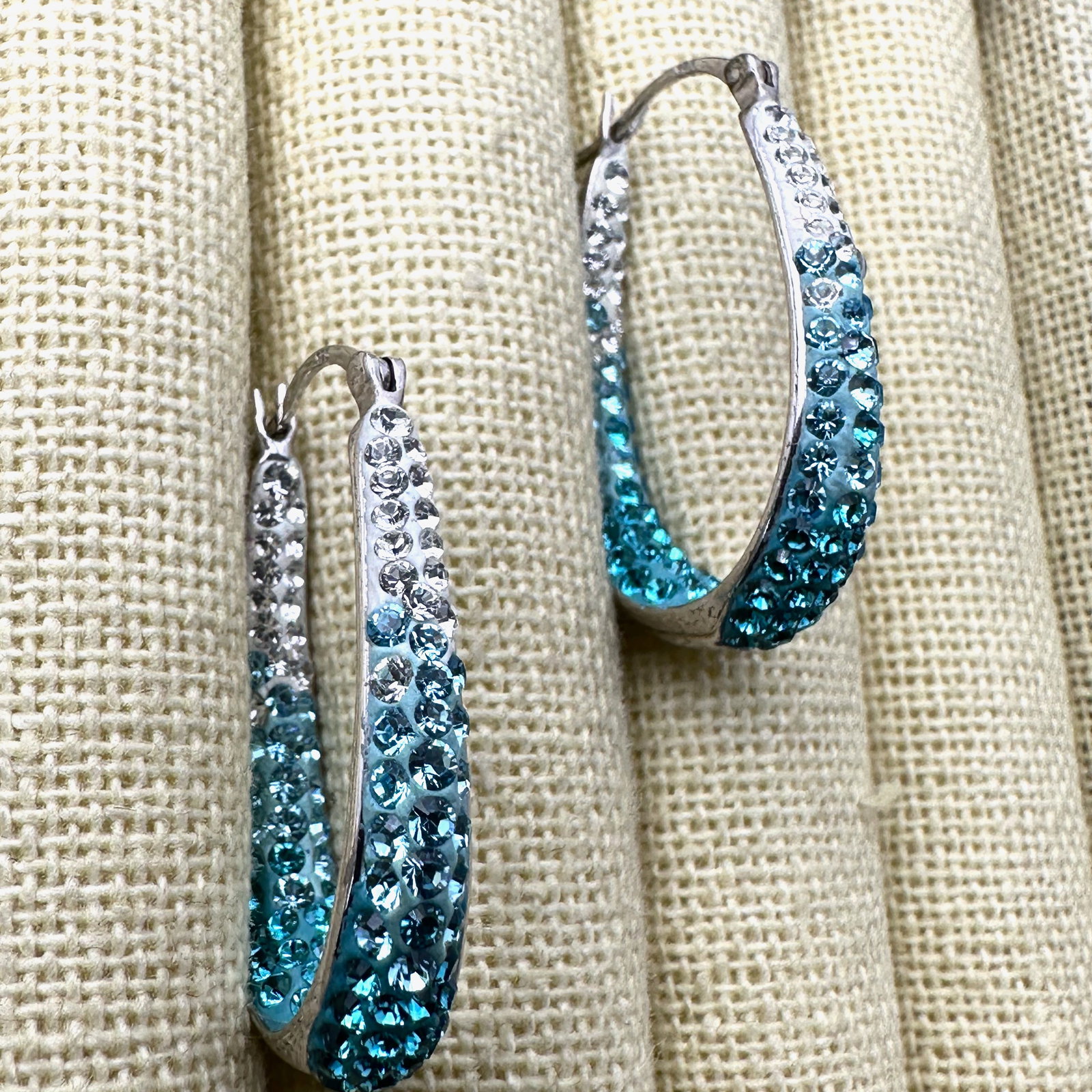 Blue Ombre Crystal Sterling Silver 1.25 Inch Hoop Earrings Pierced (1 of 2)