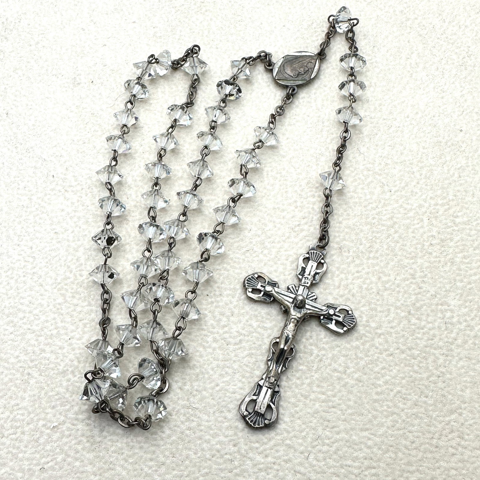 Vintage Clear Crystal Sterling Silver Religious Rosary Necklace (1 of 2)