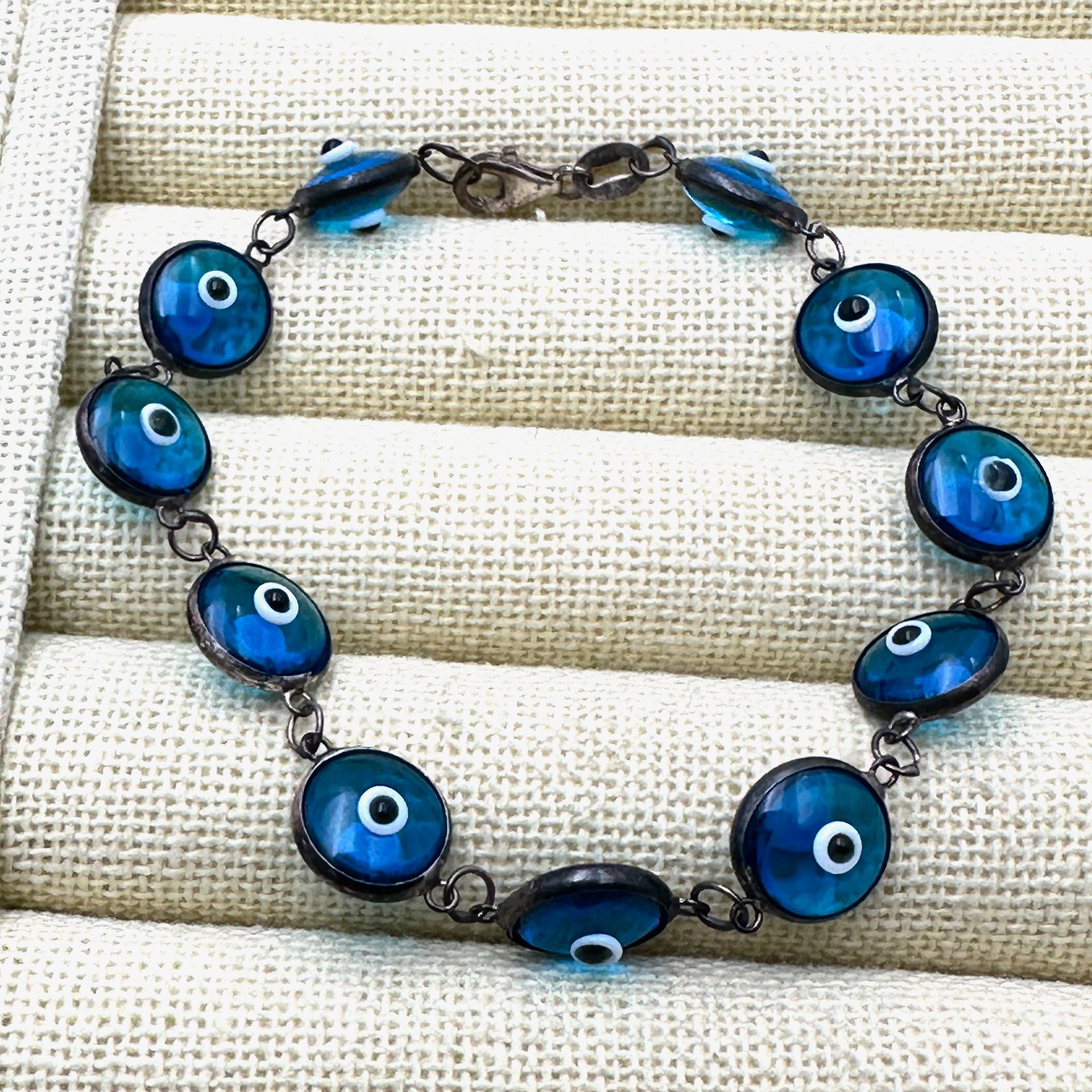 Sterling Silver Blue Glass Evil Eye Bracelet 7 Inch Length (1 of 2)