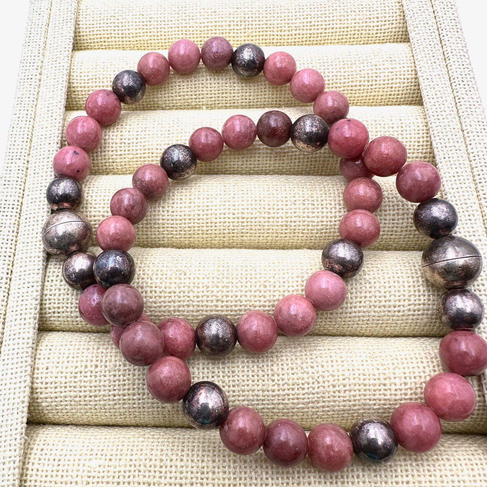 Pink Rhodochrosite Gemstone Bead Sterling Silver Magnetic Clasp Bracelet Set of Two 8 Inches: Pink Rhodochrosite Gemstone Bead Sterling Silver Magnetic Clasp Bracelet Set of Two 8 Inches