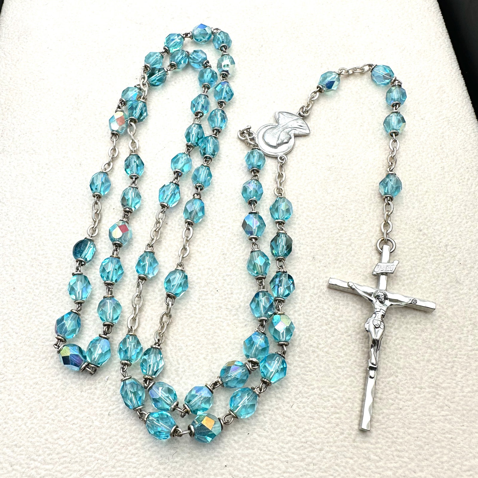 Vintage Aqua Blue Crystal Silver Plated Religious Rosary Necklace (1 of 2)