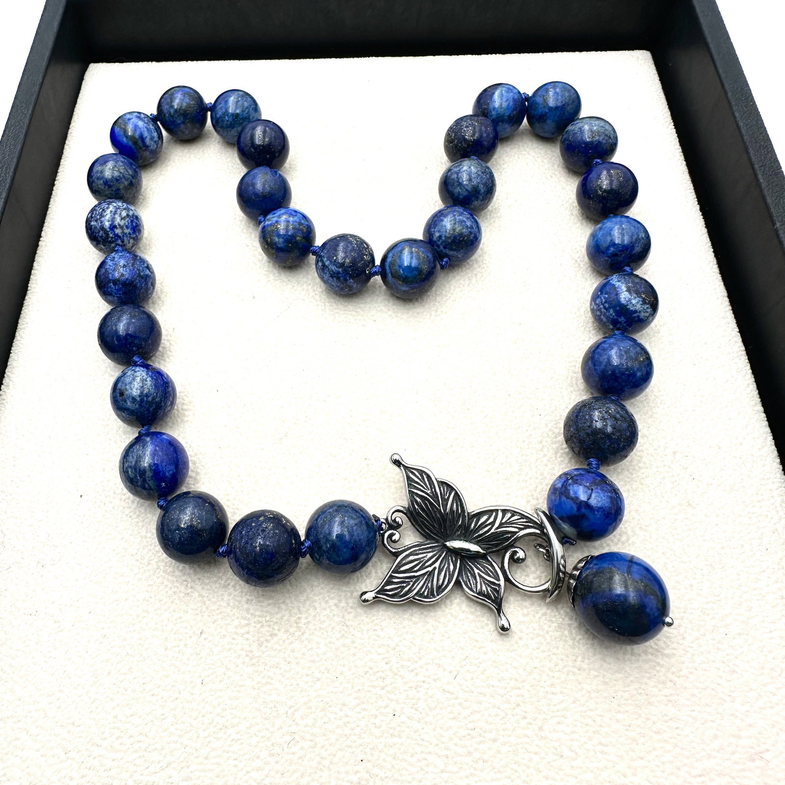 Blue Lapis Lazuli Gemstone Bead Silver Butterfly Toggle Clasp Necklace 18 Inch Length (1 of 2)