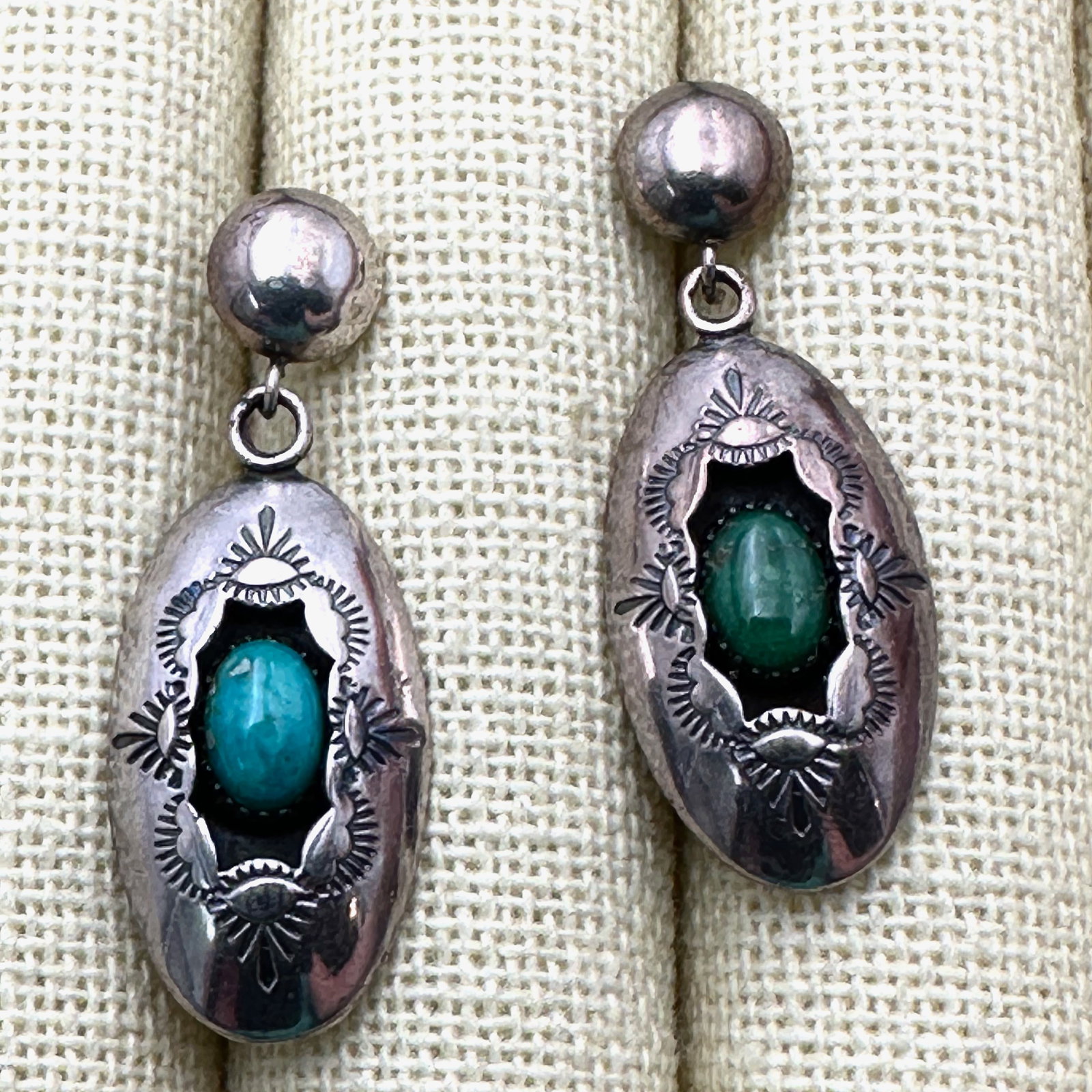 Vintage American Southwest Turquoise Shadow Bow Sterling Silver Pierced Earrings Hallmarked 1.5 Inch (1 of 2)
