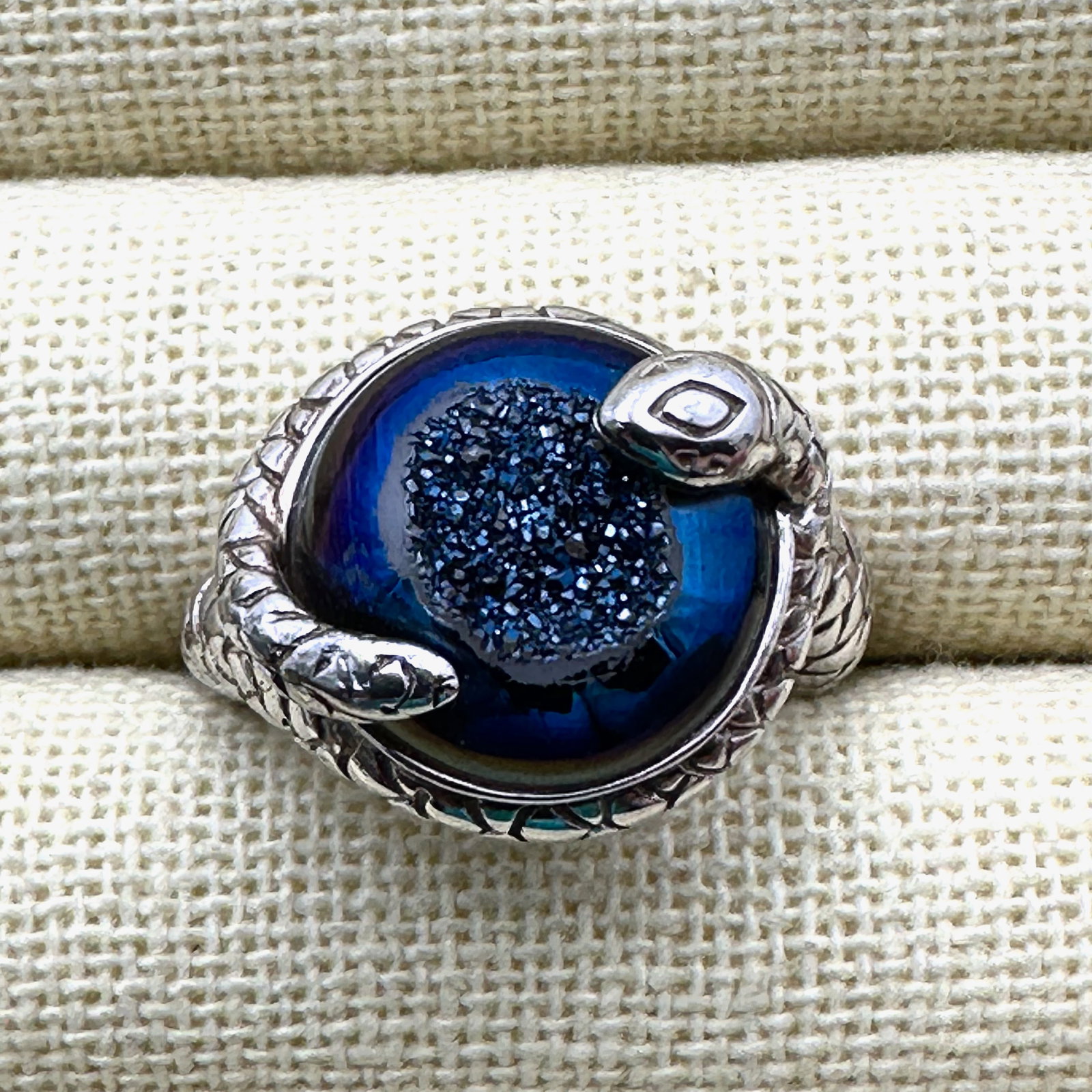 Blue Drusy Quartz Sterling Silver Snake Ring Size 8.5 Nice Heavy Quality (1 of 4)
