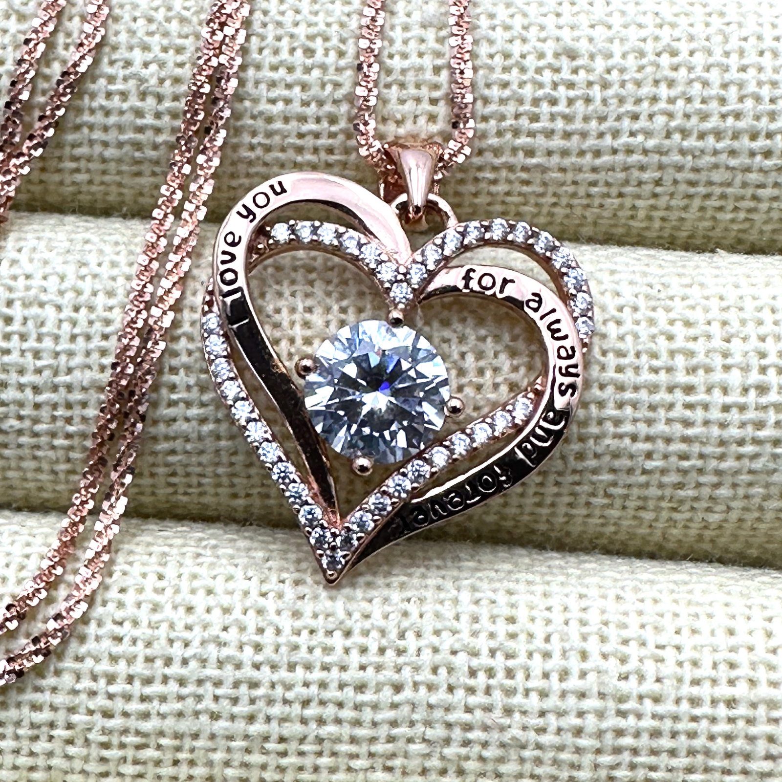 I Love You Always And Forever CZ Heart Pendant Necklace Rose Gold Plated Sterling Silver 22 Inch: I Love You Always And Forever CZ Heart Pendant Necklace Rose Gold Plated Sterling Silver 22 Inch Chain Pristine Condition