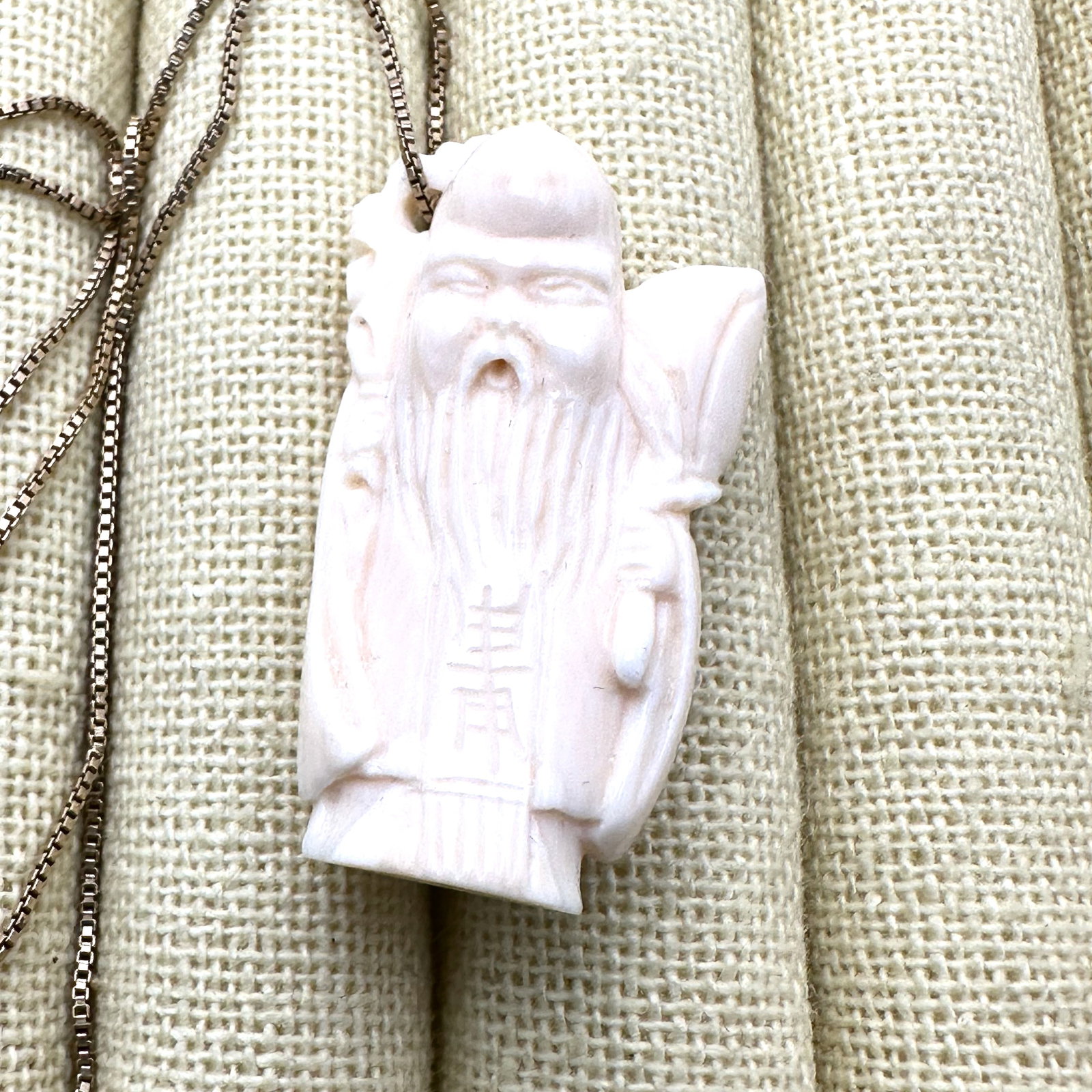 Vintage Asian Carved 1.5 Inch Pendant 22 Inch Gold Plated Sterling Silver Box Chain (1 of 2)
