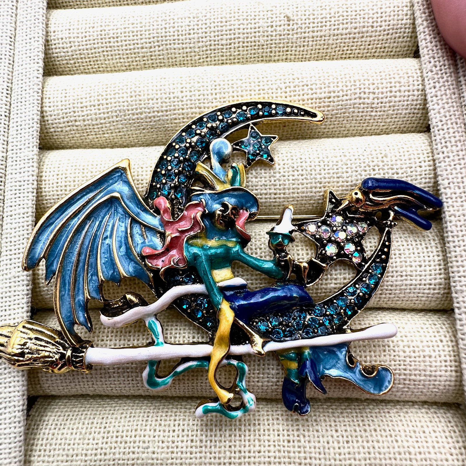 Whimsical Fairy Witch Enamel Rhinestone Gold Tone Brooch Pin 3 Inch (1 of 2)