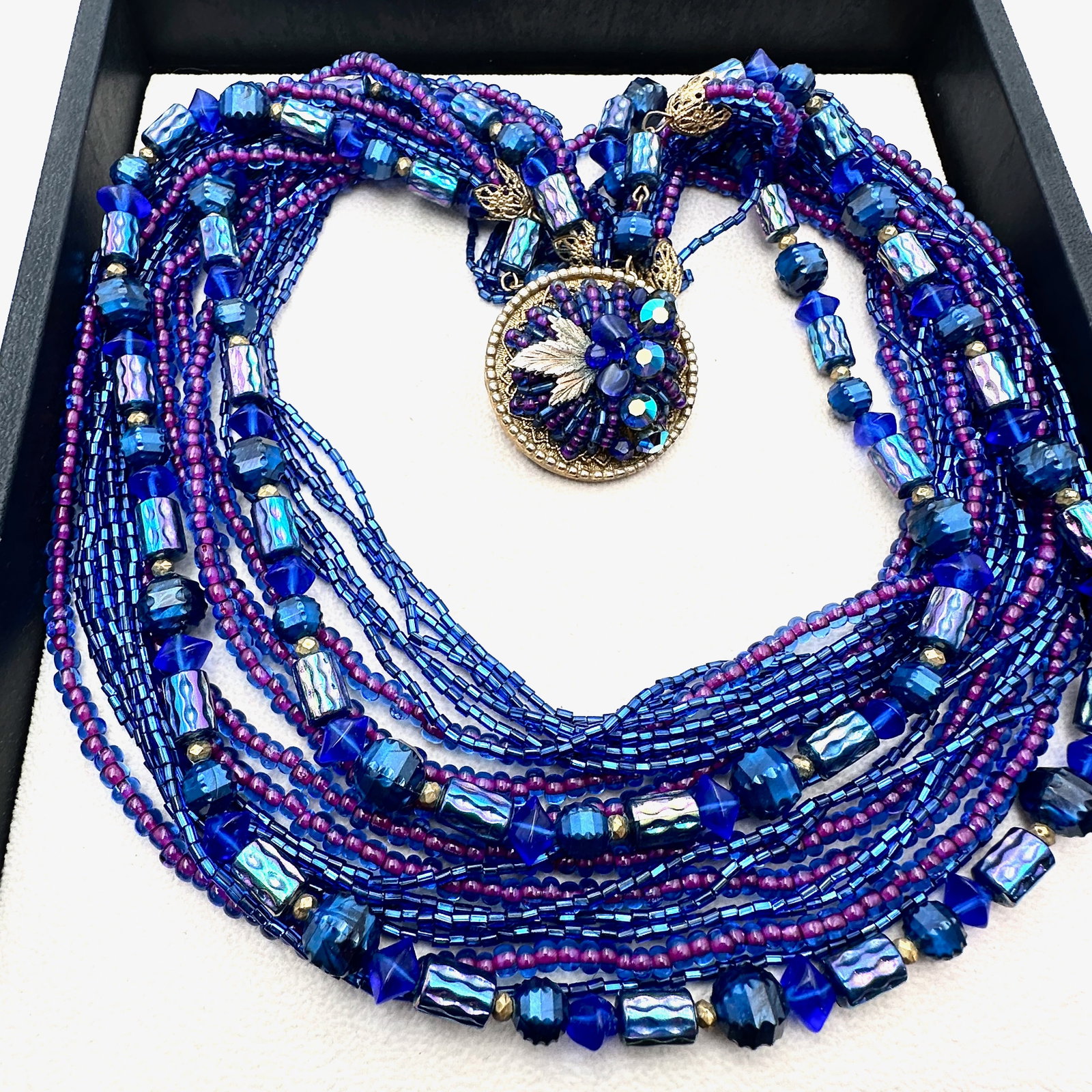 Vintage Opalescent Blue Glass Bead Multi Strand Necklace 20 Inch Fancy Wired Clasp (1 of 2)