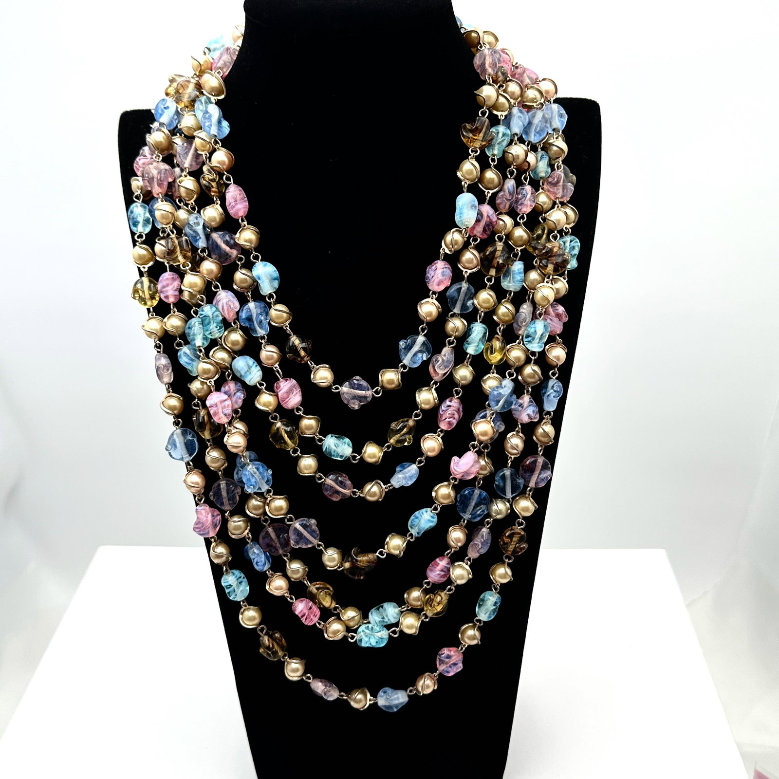 Vintage Blue Pink Purple Art Glass Bead Multi Strand Necklace 16 to 18 Inch Wearable Length: Vintage Blue Pink Purple Art Glass Bead Multi Strand Necklace 16 to 18 Inch Wearable Length