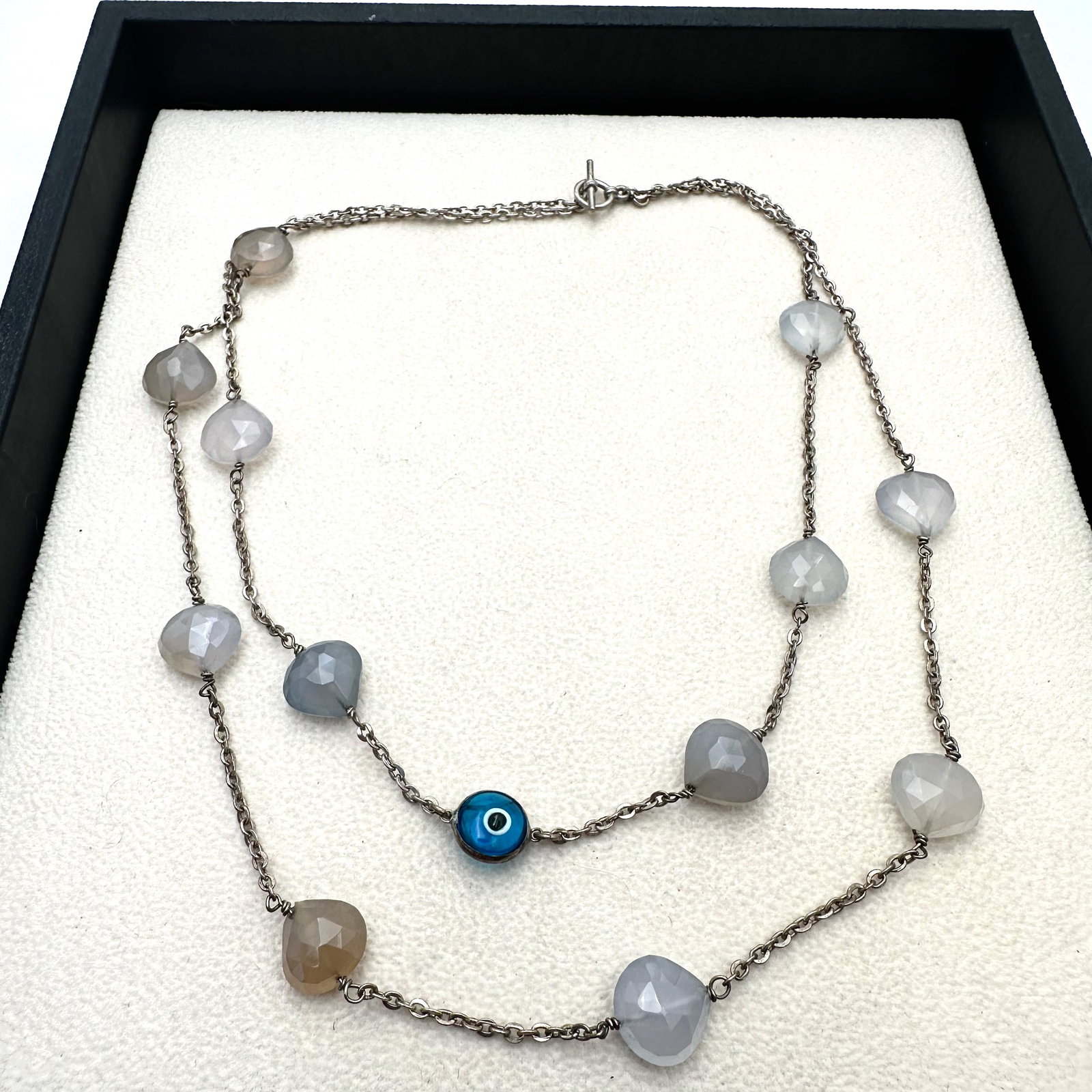 Evil Eye and Gemstone Bead Double Strand Sterling Silver Necklace 16 Inch (1 of 2)
