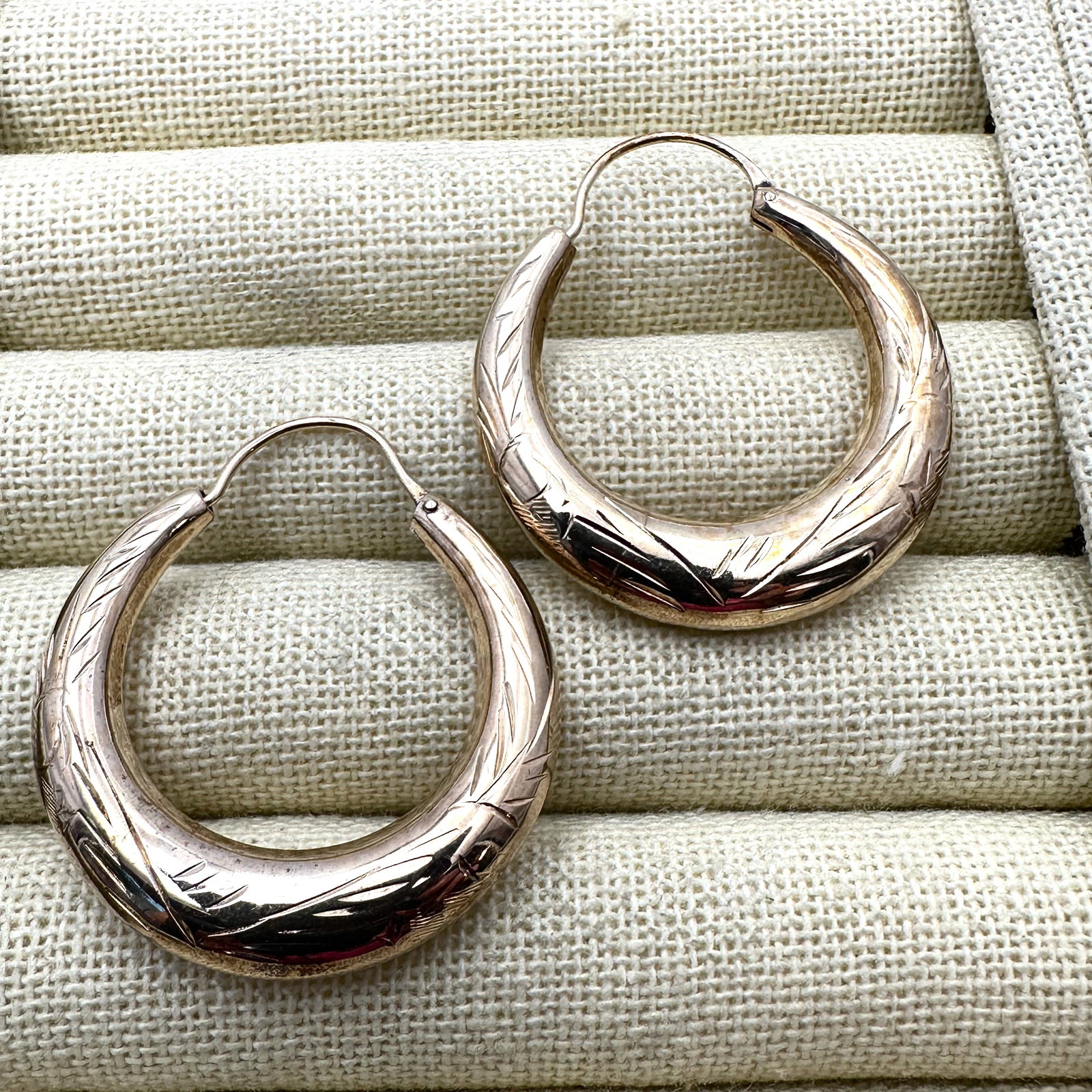 Gold Plated Sterling Silver 1.5 Inch Hoop Earrings Etched Design: Gold Plated Sterling Silver 1.5 Inch Hoop Earrings Etched Design