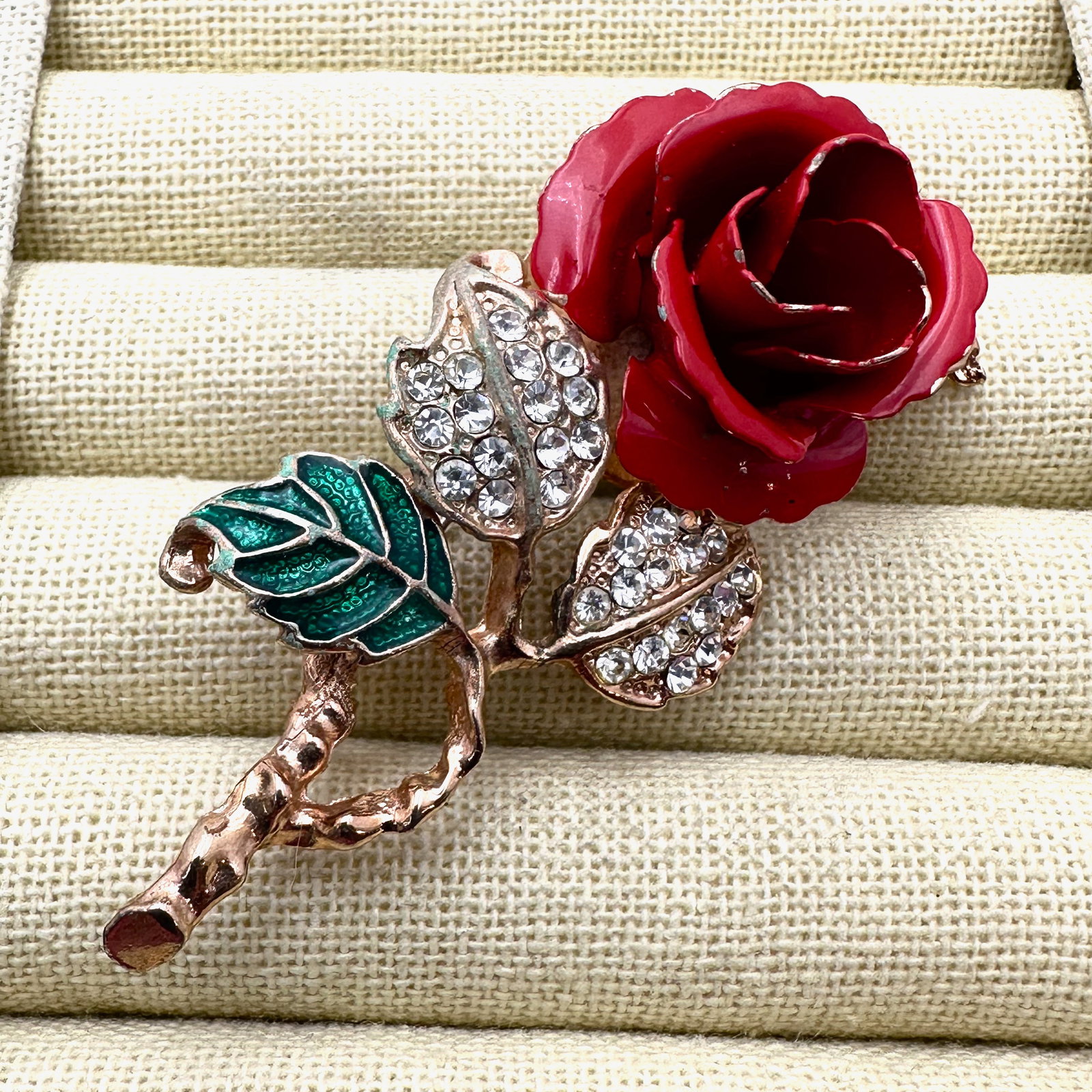Vintage Red Enamel Flower Clear Glass Rhinestone Gold Tone Brooch Pin 2.75 Inch: Vintage Red Enamel Flower Clear Glass Rhinestone Gold Tone Brooch Pin 2.75 Inch