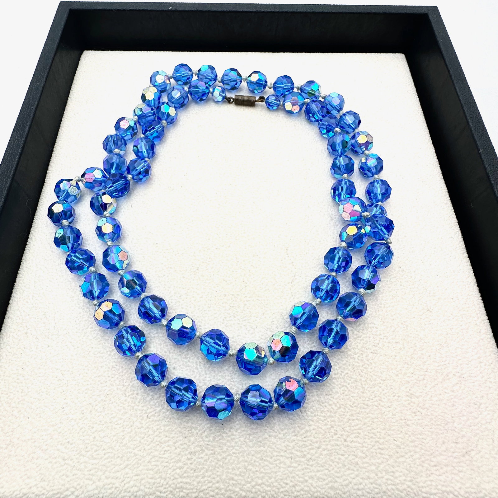 Vintage Blue Aurora Borealis Hand Knotted Necklace 30 Inch Length: Vintage Blue Aurora Borealis Hand Knotted Necklace 30 Inch Length