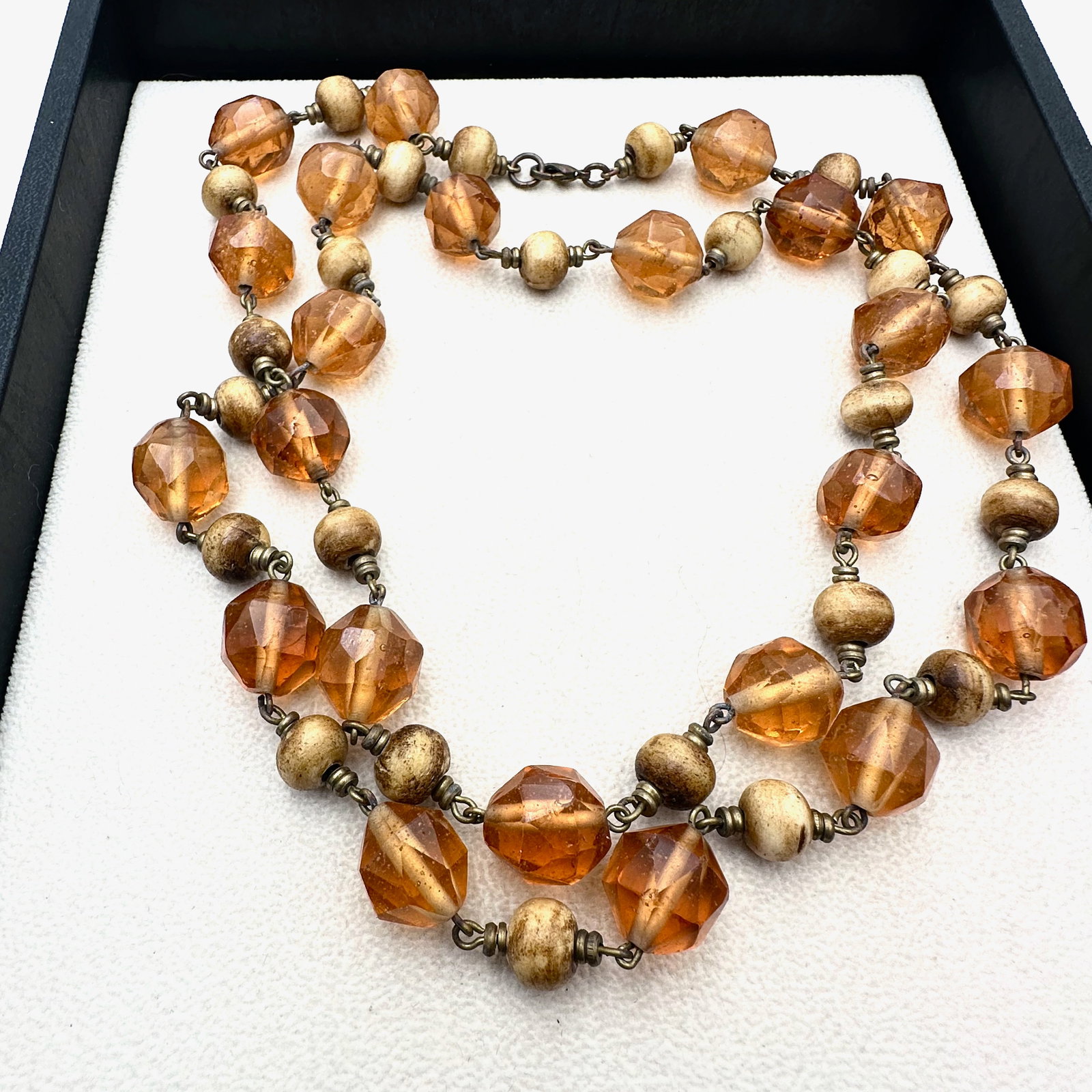 Vintage Amber Colored Glass Bead Bronze Necklace 43 Inch Length: Vintage Amber Colored Glass Bead Bronze Necklace 43 Inch Length