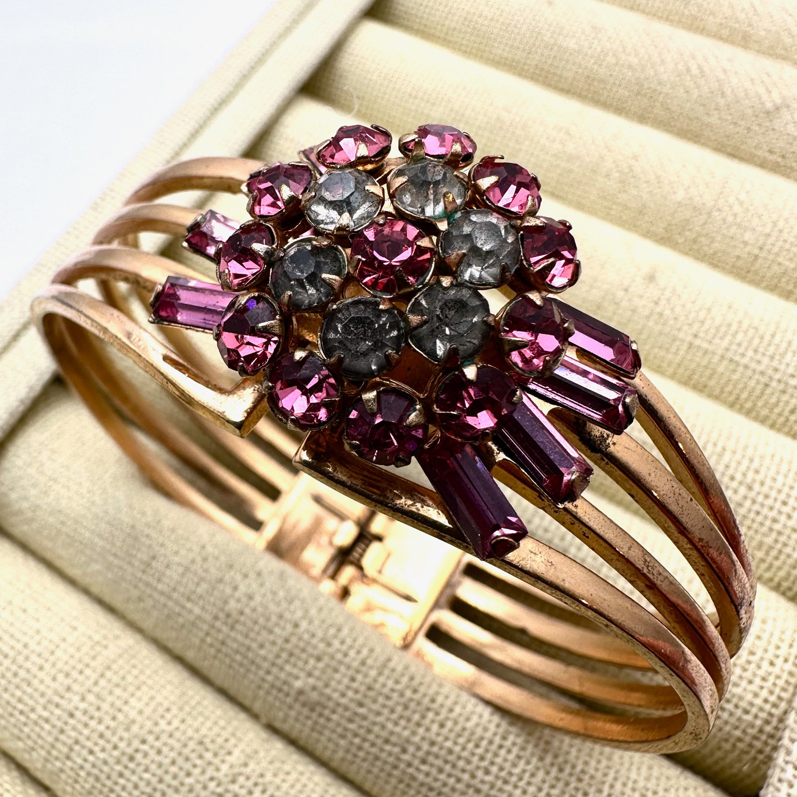 Vintage Pink Glass Rhinestone Gold Tone Hinged Bangle Bracelet 7 Inch: Vintage Pink Glass Rhinestone Gold Tone Hinged Bangle Bracelet 7 Inch