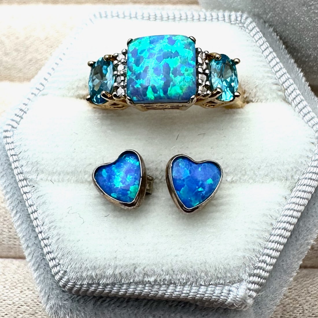 Ross Simons Opal Blue Topaz Gold Plated Sterling Silver Ring Size 7 & Coordinating Opal Heart Stud: Ross Simons Opal Blue Topaz Gold Plated Sterling Silver Ring Size 7 & Coordinating Opal Heart Stud Earrings Pierced Box Included