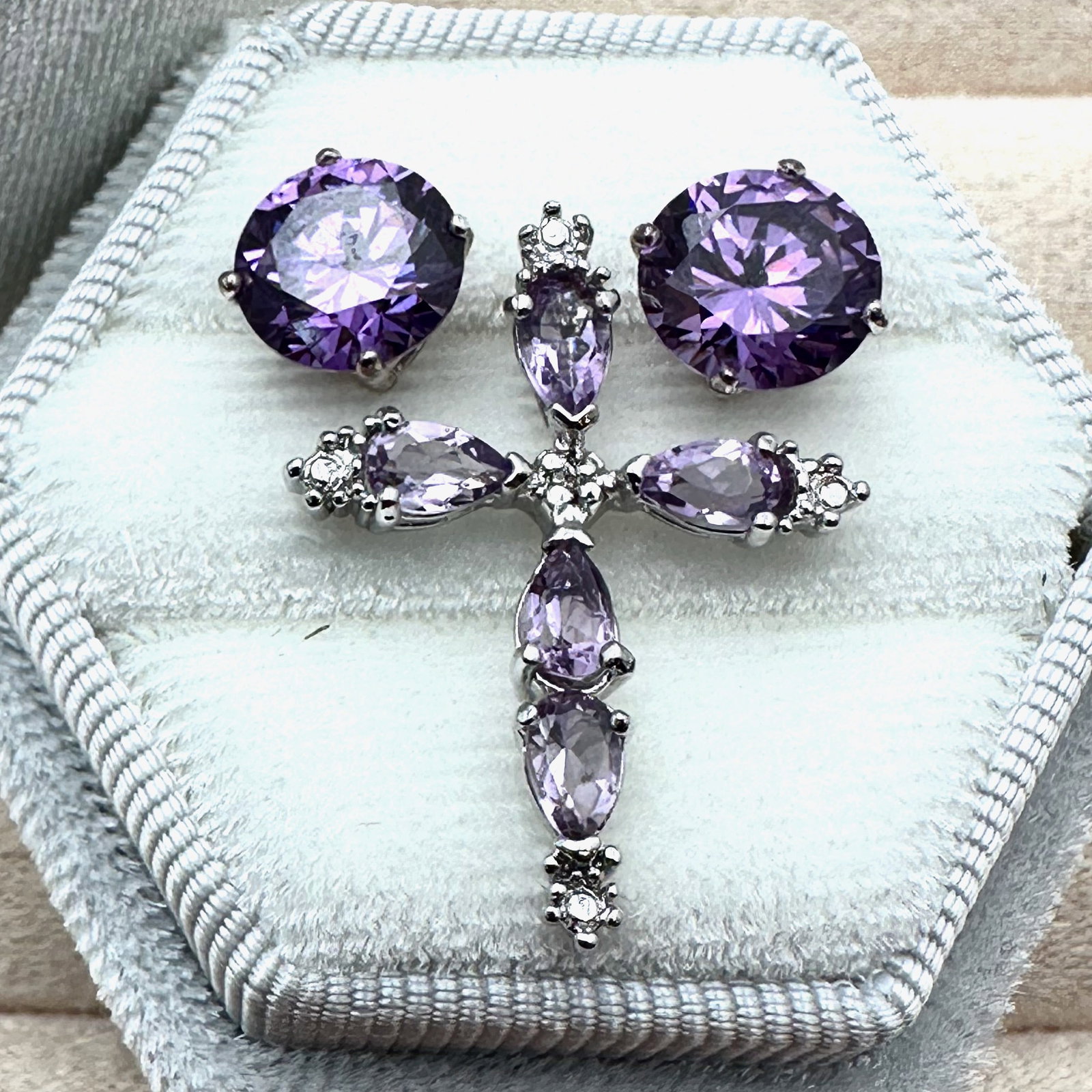 Amethyst Sterling Silver Pierced Earrings & Amethyst Diamond Sterling Silver Cross Pendant Box (1 of 2)
