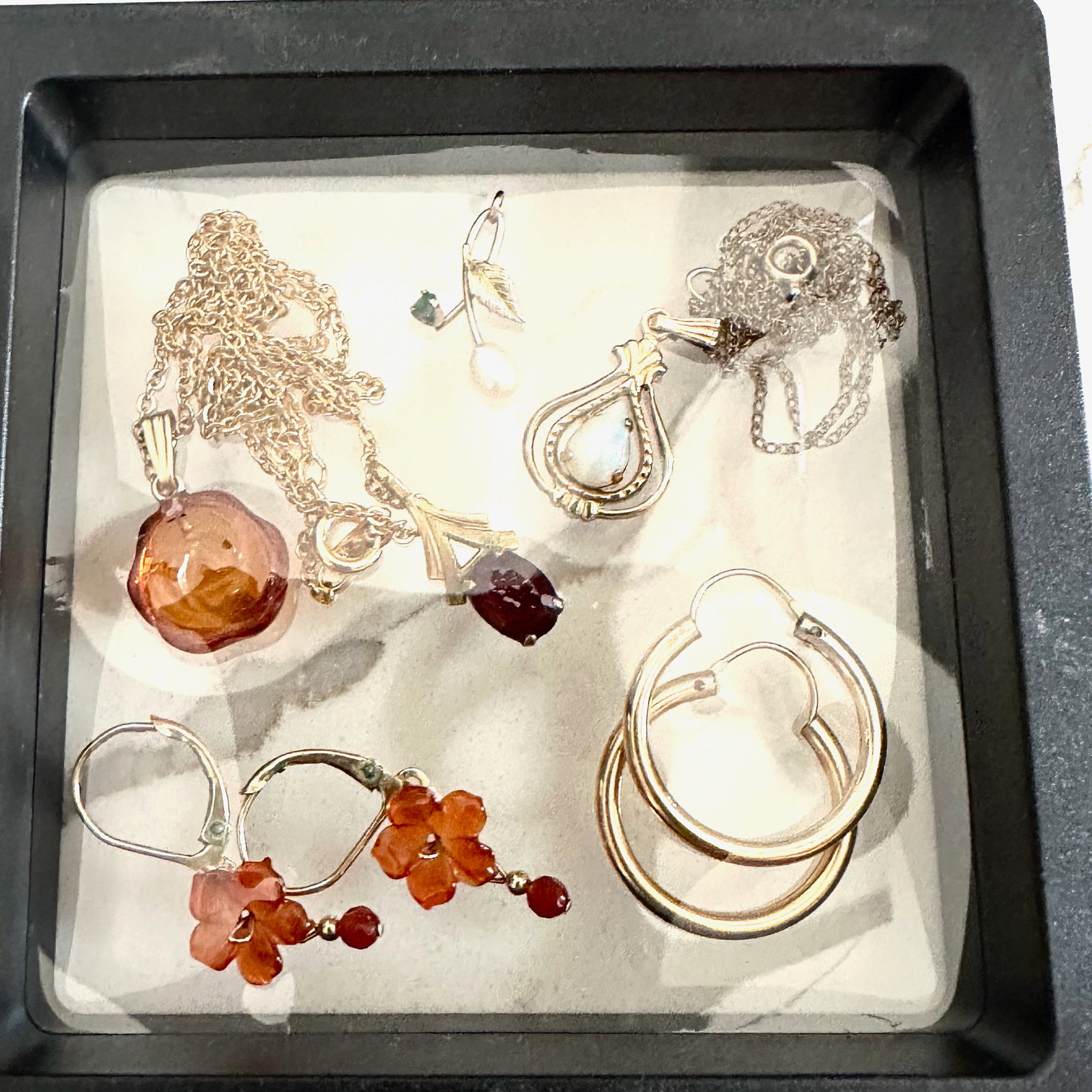 Vintage Gold Filled Lot Natural Amber Pendant Necklace and Pierced Earrings Gold Filled Hoops Opal (1 of 2)