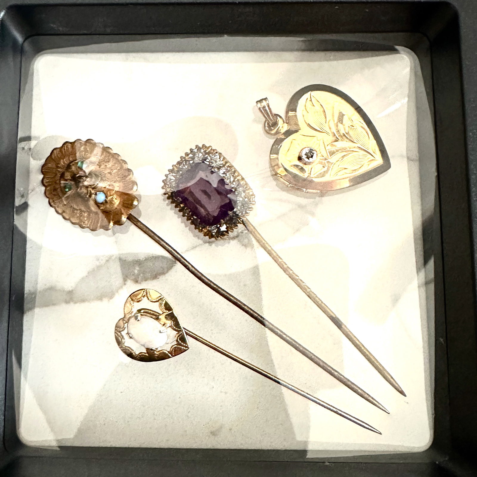 Antique Vintage Gold Filled Stick Pin Lot Lion Opal and Glass Stones and Heart Picture Locket: Antique Vintage Gold Filled Stick Pin Lot Lion Opal and Glass Stones and Heart Picture Locket