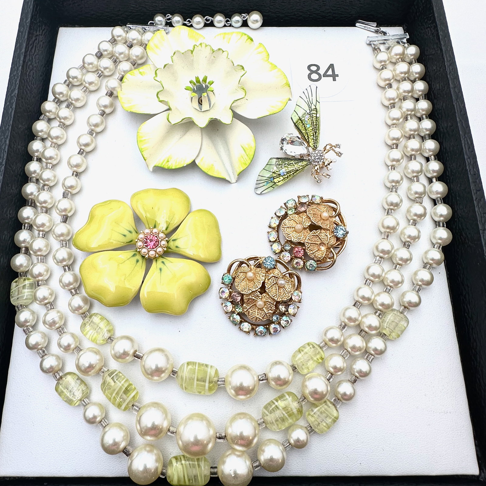 Vintage and Modern Jewelry Group Lot Yellow Glass Bead Necklace MCM Enamel Brooches Butterfly Clip: Vintage and Modern Jewelry Group Lot Yellow Glass Bead Necklace MCM Enamel Brooches Butterfly Clip Earrings