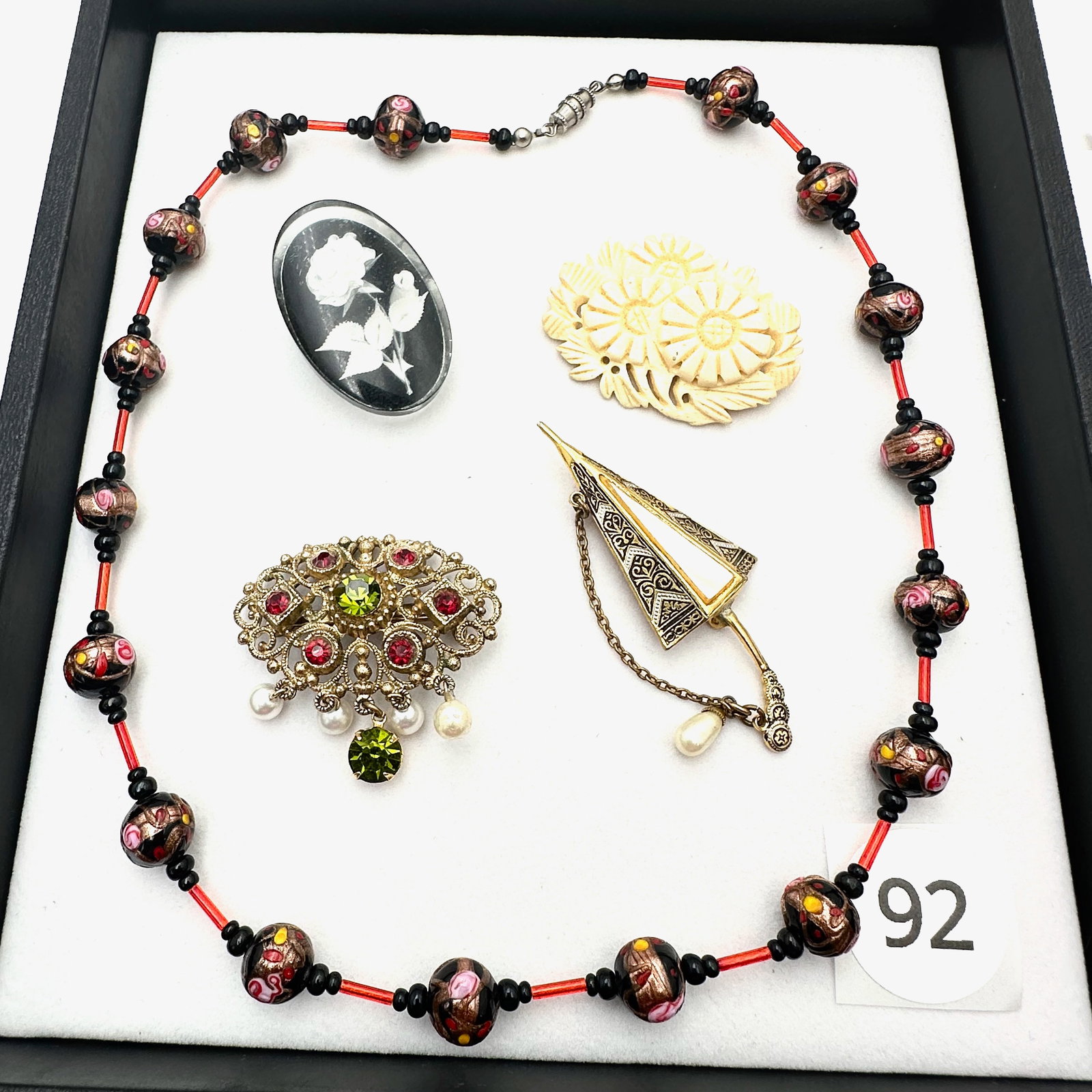 Vintage and Modern Jewelry Group Lot Wedding Cake Glass Bead Necklace Damascene Brooch and More: Vintage and Modern Jewelry Group Lot Wedding Cake Glass Bead Necklace Damascene Brooch and More