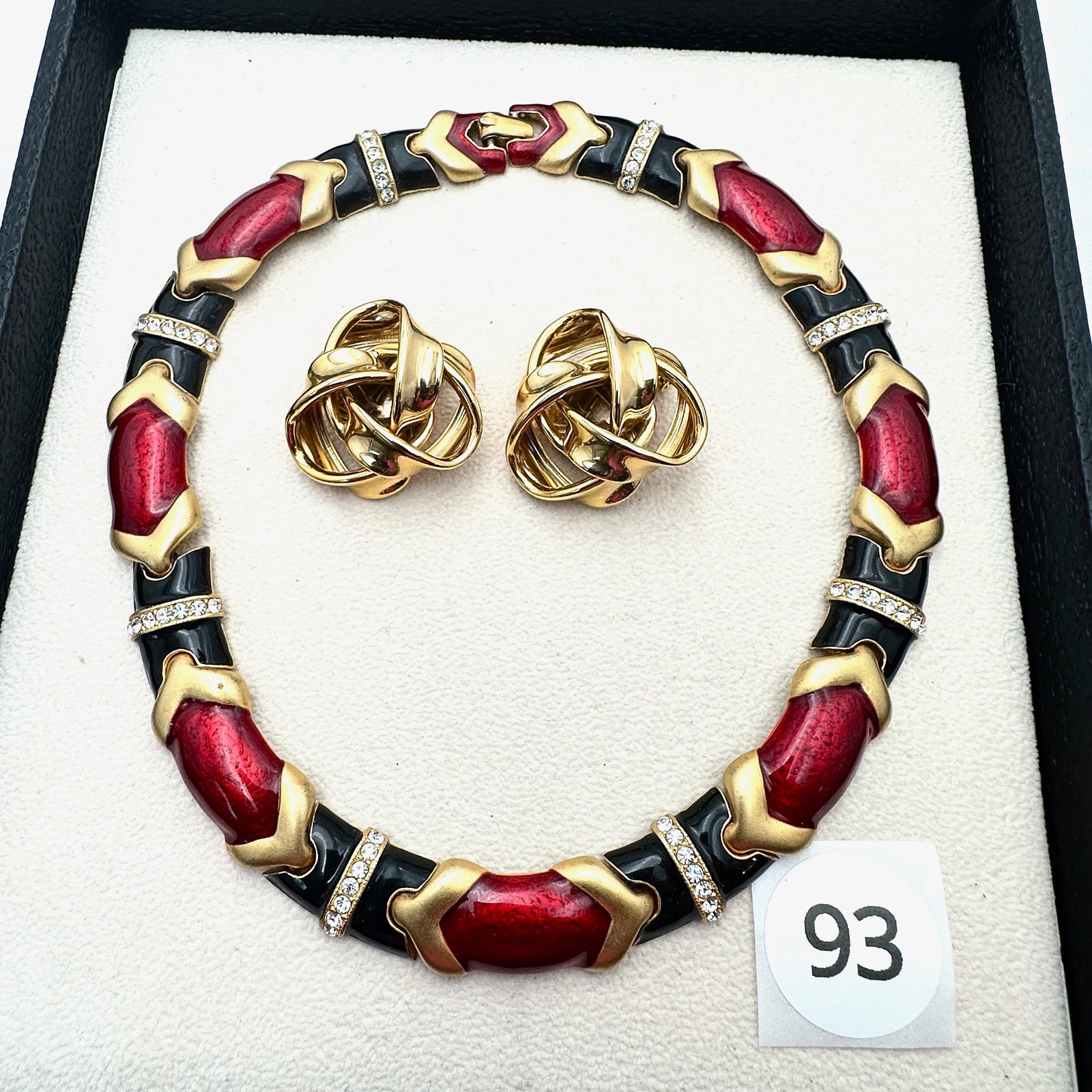 Vintage High End Red and Black Enamel Gold Tone Choker Necklace Coordinating Clip Earrings: Vintage High End Red and Black Enamel Gold Tone Choker Necklace Coordinating Clip Earrings