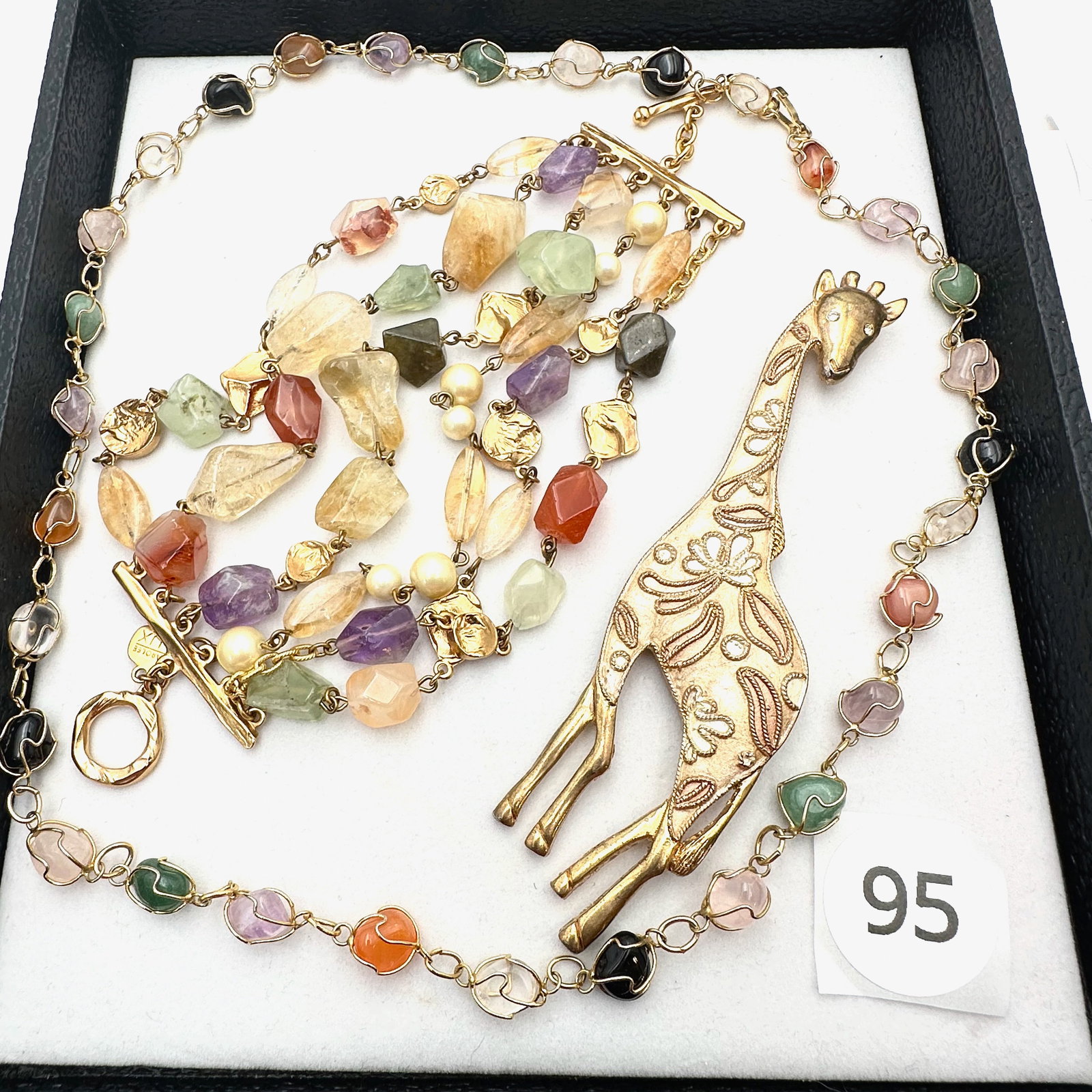 Multi Gemstone Gold Tone Necklace Bracelet and Giraffe Brooch Pin: Multi Gemstone Gold Tone Necklace Bracelet and Giraffe Brooch Pin
