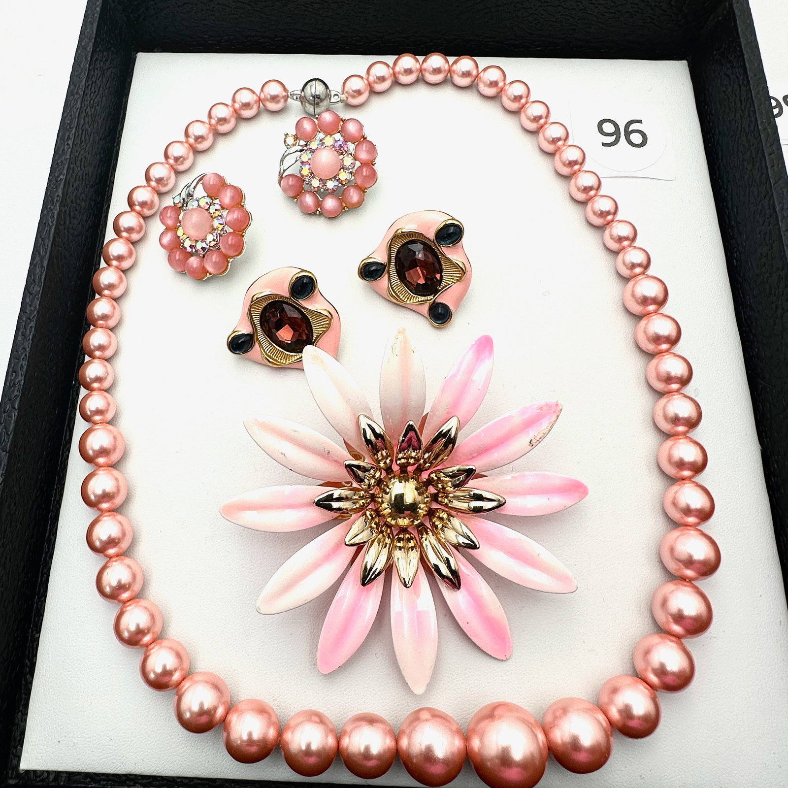 Vintage and Modern Jewelry Group Lot Pink Glass Beads MCM Enamel Flower Brooch and Coordinating: Vintage and Modern Jewelry Group Lot Pink Glass Beads MCM Enamel Flower Brooch and Coordinating Earrings