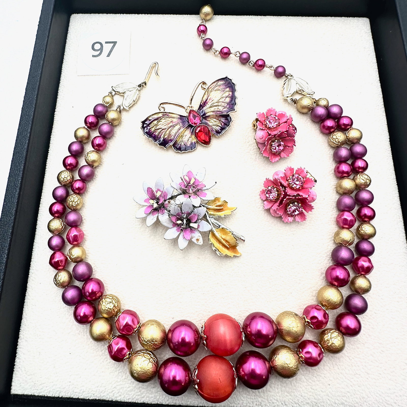 Vintage and Modern Jewelry Group Lot Pink MCM Necklace and Enamel Flower Brooch Pin Earrings (1 of 2)