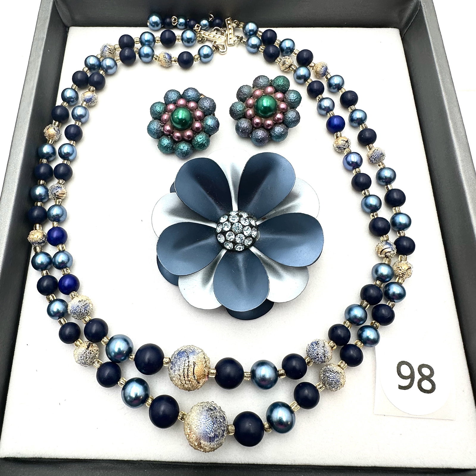 Vintage And Modern Jewelry Group Lot MCM Blue Enamel Flower Brooch Necklace and Clip Earrings: Vintage And Modern Jewelry Group Lot MCM Blue Enamel Flower Brooch Necklace and Clip Earrings