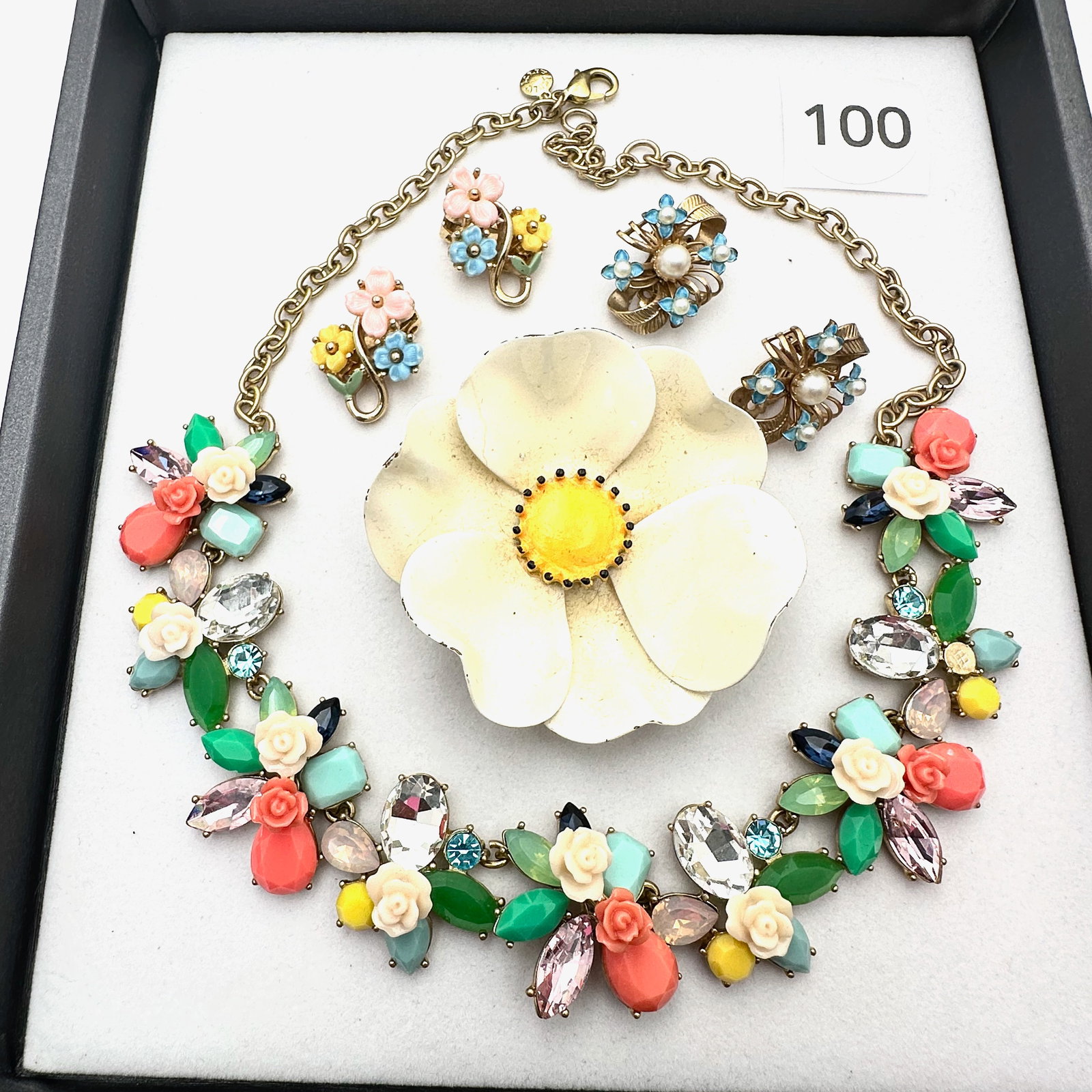 Vintage and Modern Jewelry Group Lot Pastel Necklace Coordinating Earrings and Enamel Flower Brooch: Vintage and Modern Jewelry Group Lot Pastel Necklace Coordinating Earrings and Enamel Flower Brooch