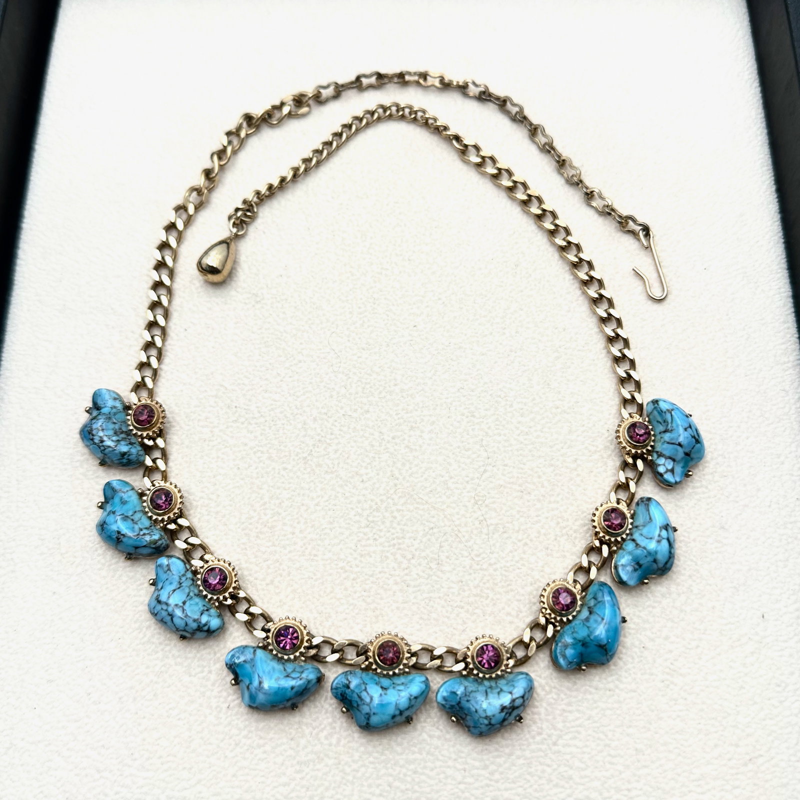 Vintage Blue Speckled Glass And Pink Rhinestone Gold Tone Necklace 18 Inch: Vintage Blue Speckled Glass And Pink Rhinestone Gold Tone Necklace 18 Inch