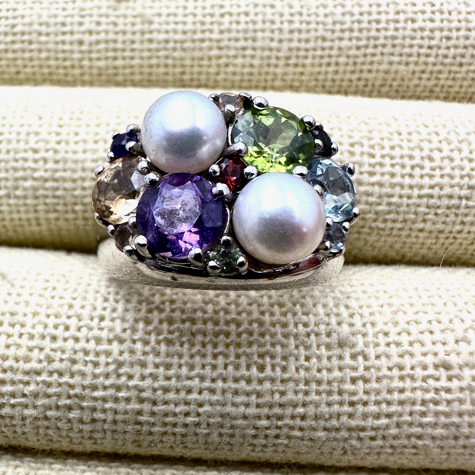 Vintage Multi Gemstone and Pearl Sterling Silver Ring Size 7: Vintage Multi Gemstone and Pearl Sterling Silver Ring Size 8