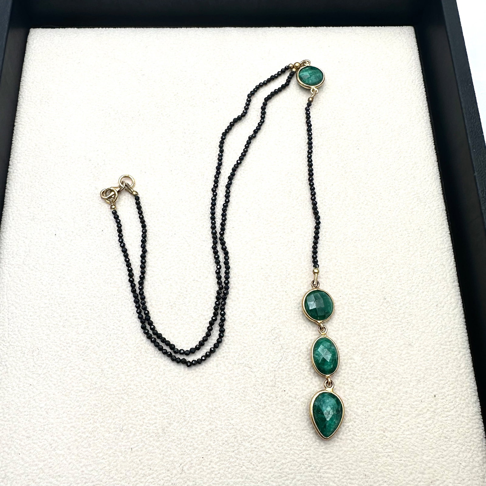 Black Spinel and Emerald Drop Necklace 17 Inch Wearable Length Additional 5 Inch Drop Gold Plated (1 of 2)