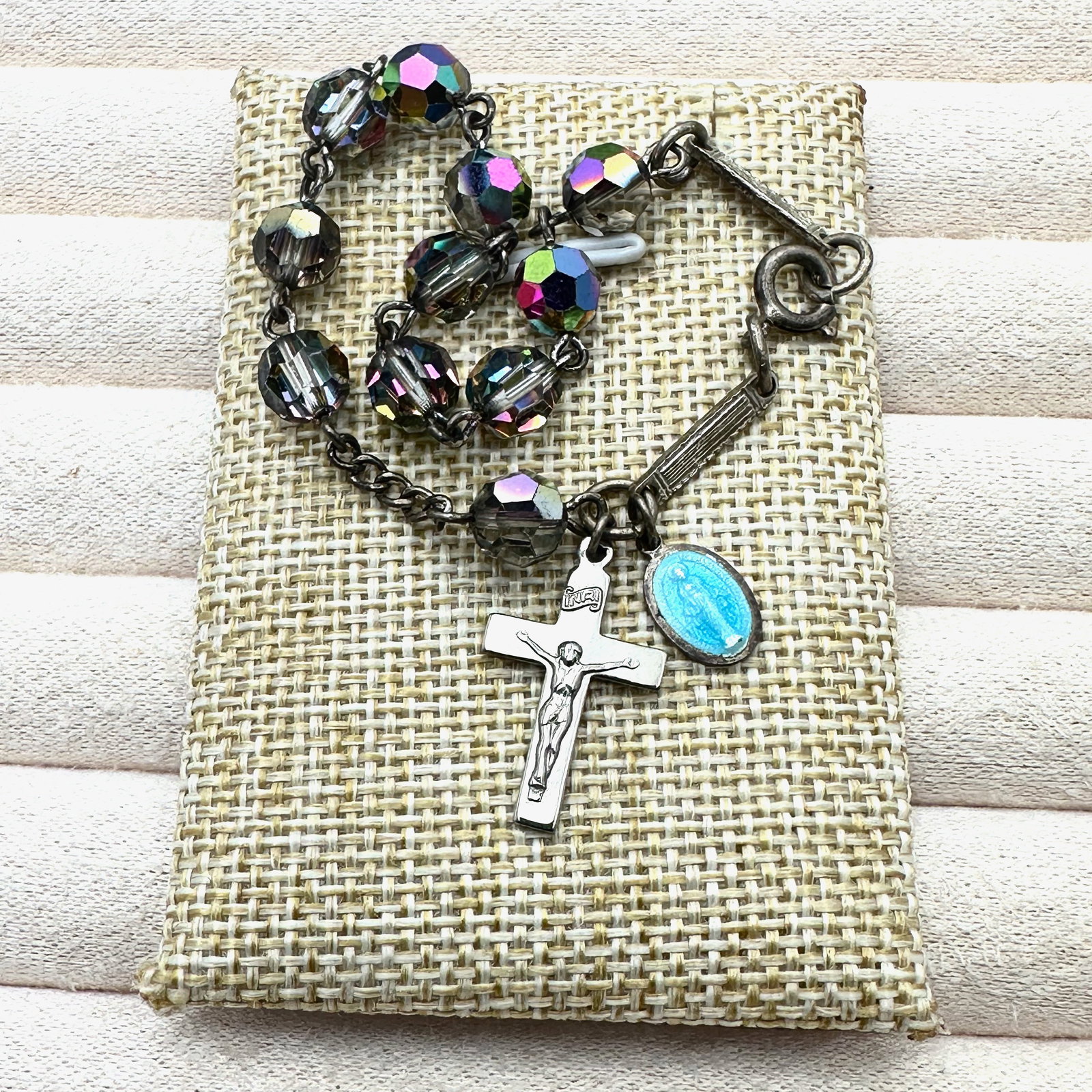 Vintage Aurora Borealis Sterling Silver Rosary Bracelet Guilloche Enamel Charm: Vintage Aurora Borealis Sterling Silver Rosary Bracelet Guilloche Enamel Charm
