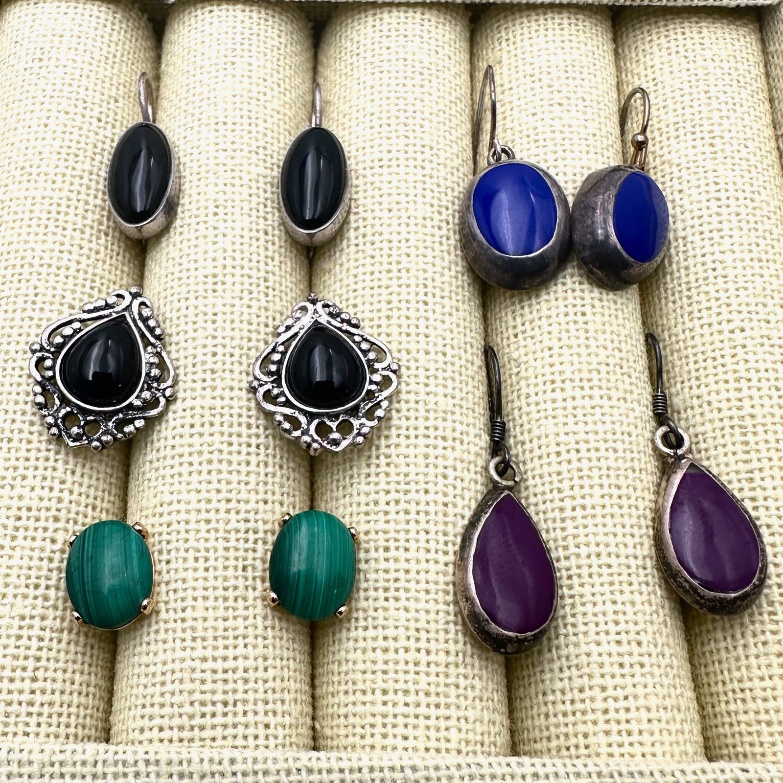 Lot of Sterling Silver Pierced Earrings Malachite Lapis Lazuli Black Onyx and More: Lot of Sterling Silver Pierced Earrings Malachite Lapis Lazuli Black Onyx and More